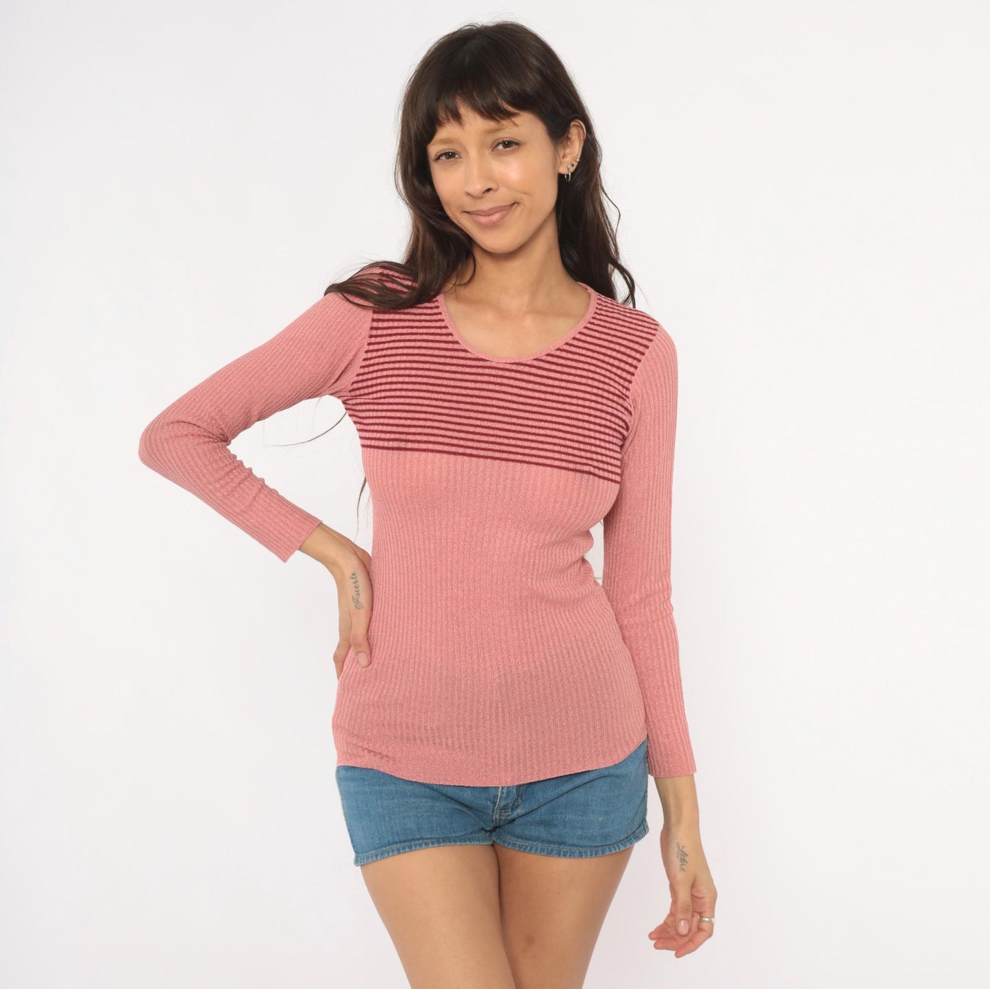 70s Marbella Knits Rose Pink Striped Ribbed Pullover Sweater Small