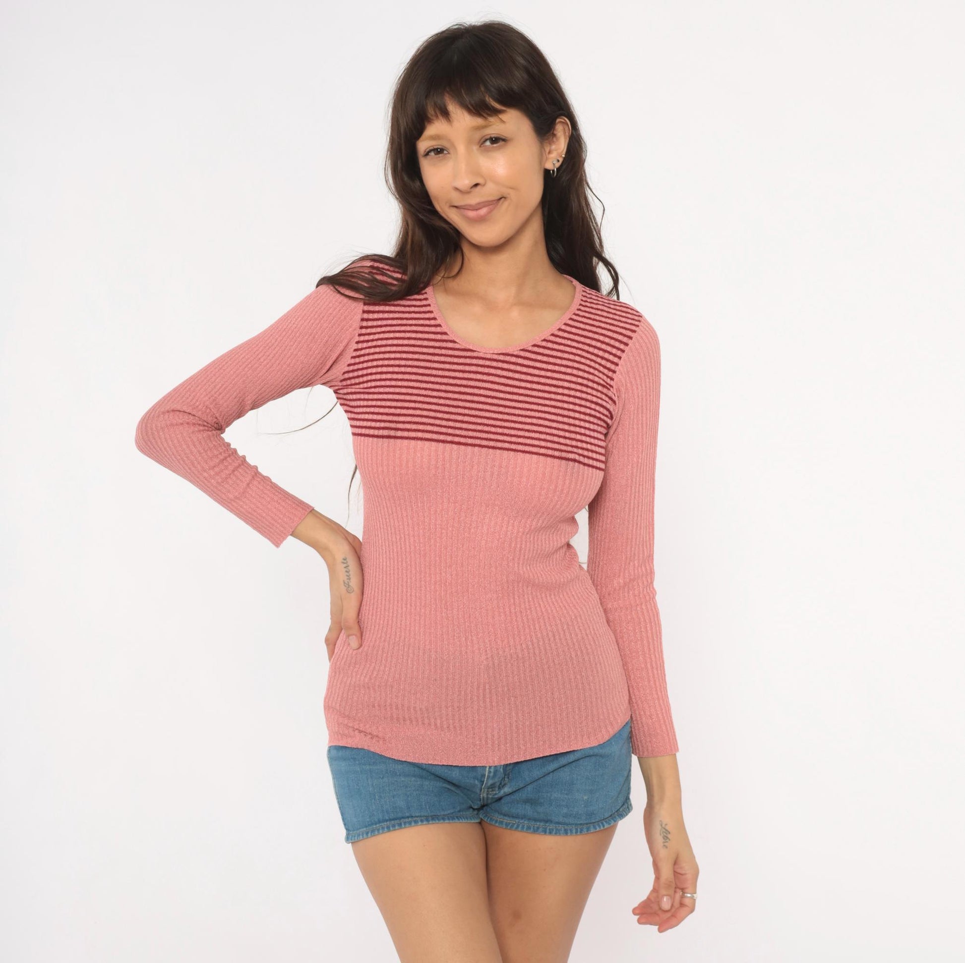 70s Marbella Knits Rose Pink Striped Ribbed Pullover Sweater Small