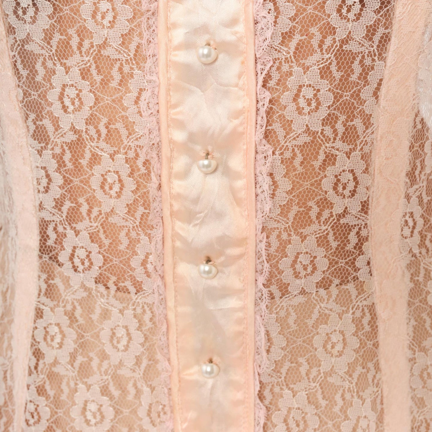 1950s Blush Pink Sheer Lace Maxi Gown Puff Sleeve Corset Bodice Large L