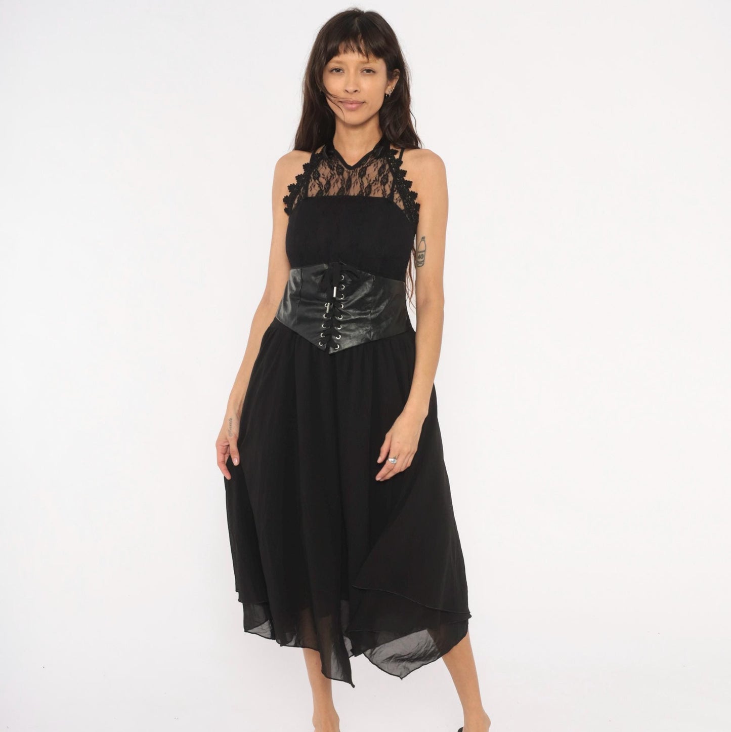2000s Black Lace Corset Halter Midi Dress Chiffon Handkerchief Hem Plus Size XXL