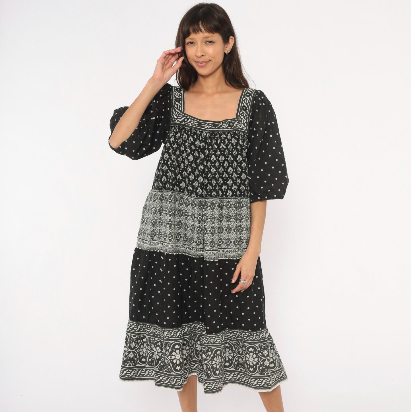 90s Ramona Rull Black Floral Midi Dress Square Neck Puff Sleeve Cotton Extra Large
