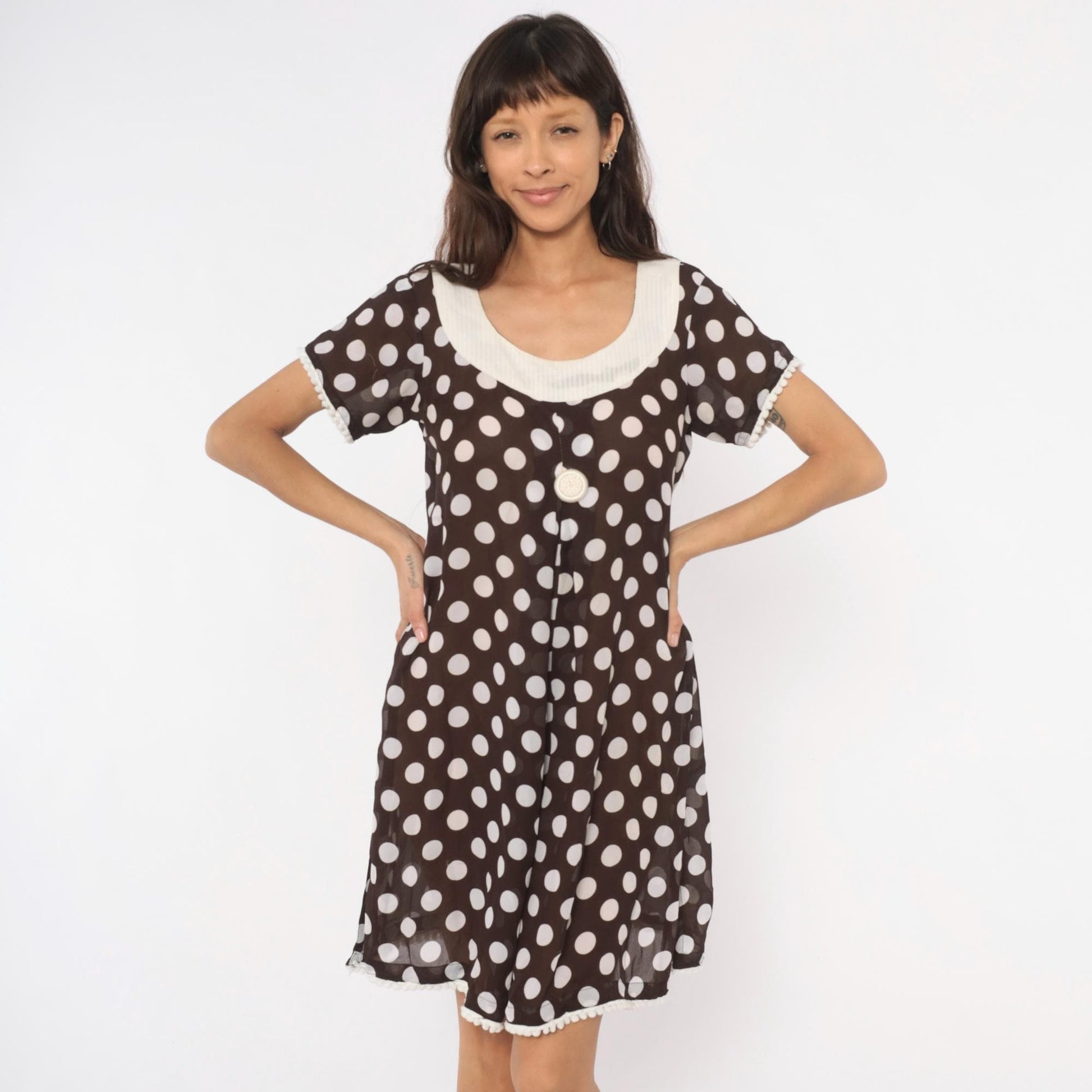 Y2K Polka Dot Babydoll Dress Brown Cream Pom Pom Trim Shift Mini Medium M