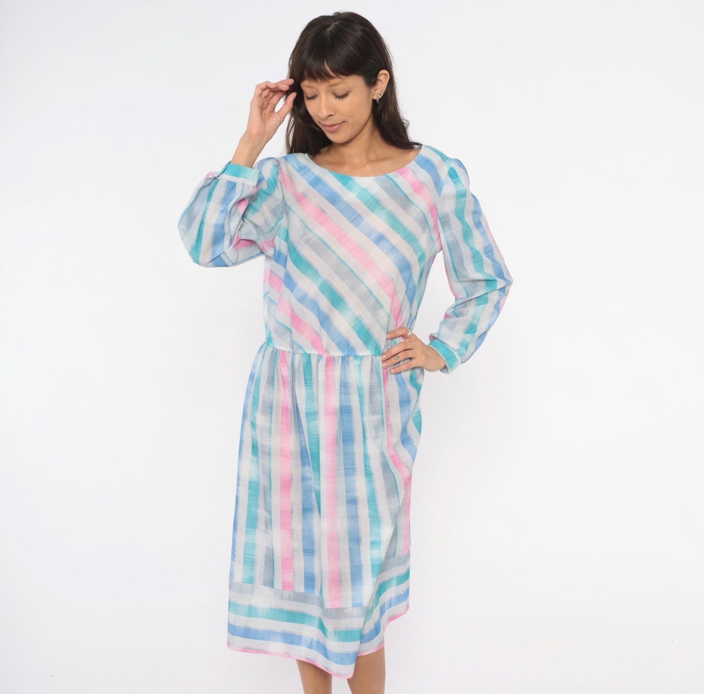 80s Pastel Stripe Diagonal Drop Waist Dress Pink Teal Bishop Sleeve Large L