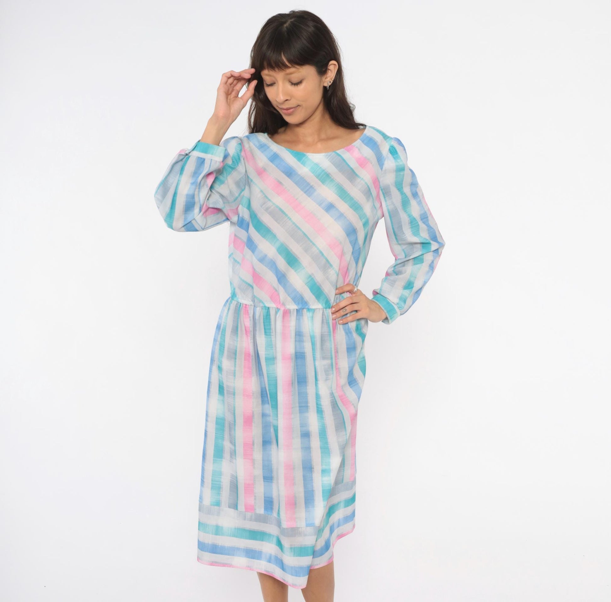 80s Pastel Stripe Diagonal Drop Waist Dress Pink Teal Bishop Sleeve Large L