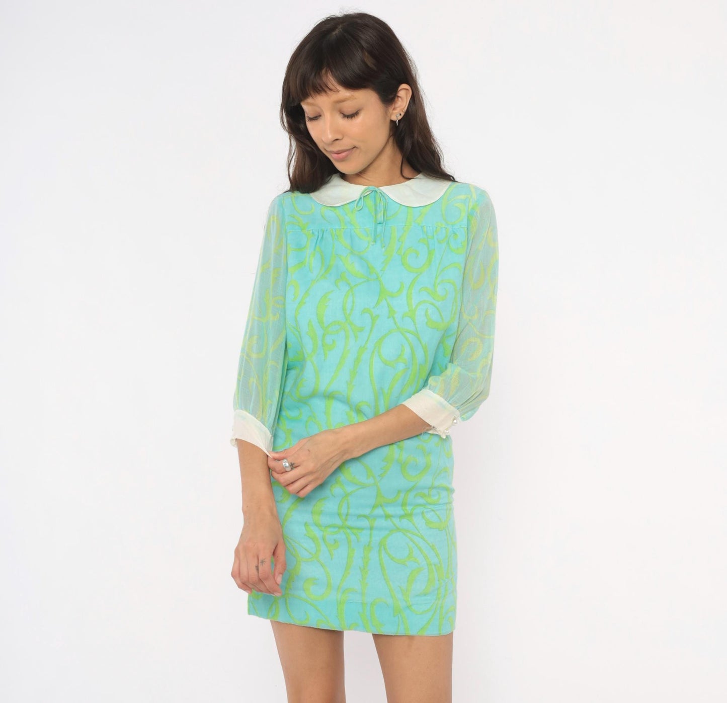60s Psychedelic Swirl Mini Dress Aqua Lime Peter Pan Collar Shift XS