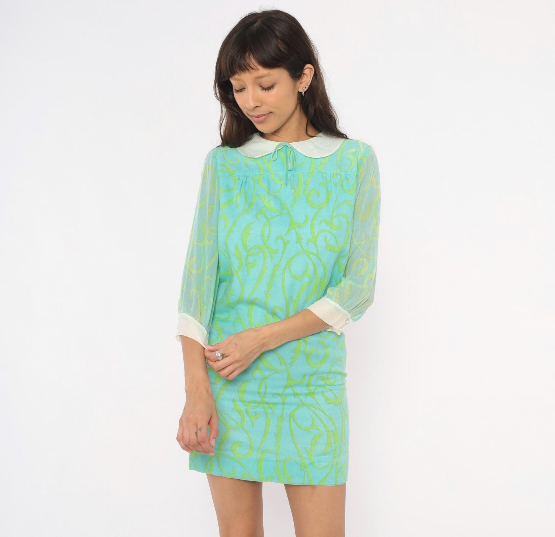 60s Psychedelic Swirl Mini Dress Aqua Lime Peter Pan Collar Shift XS