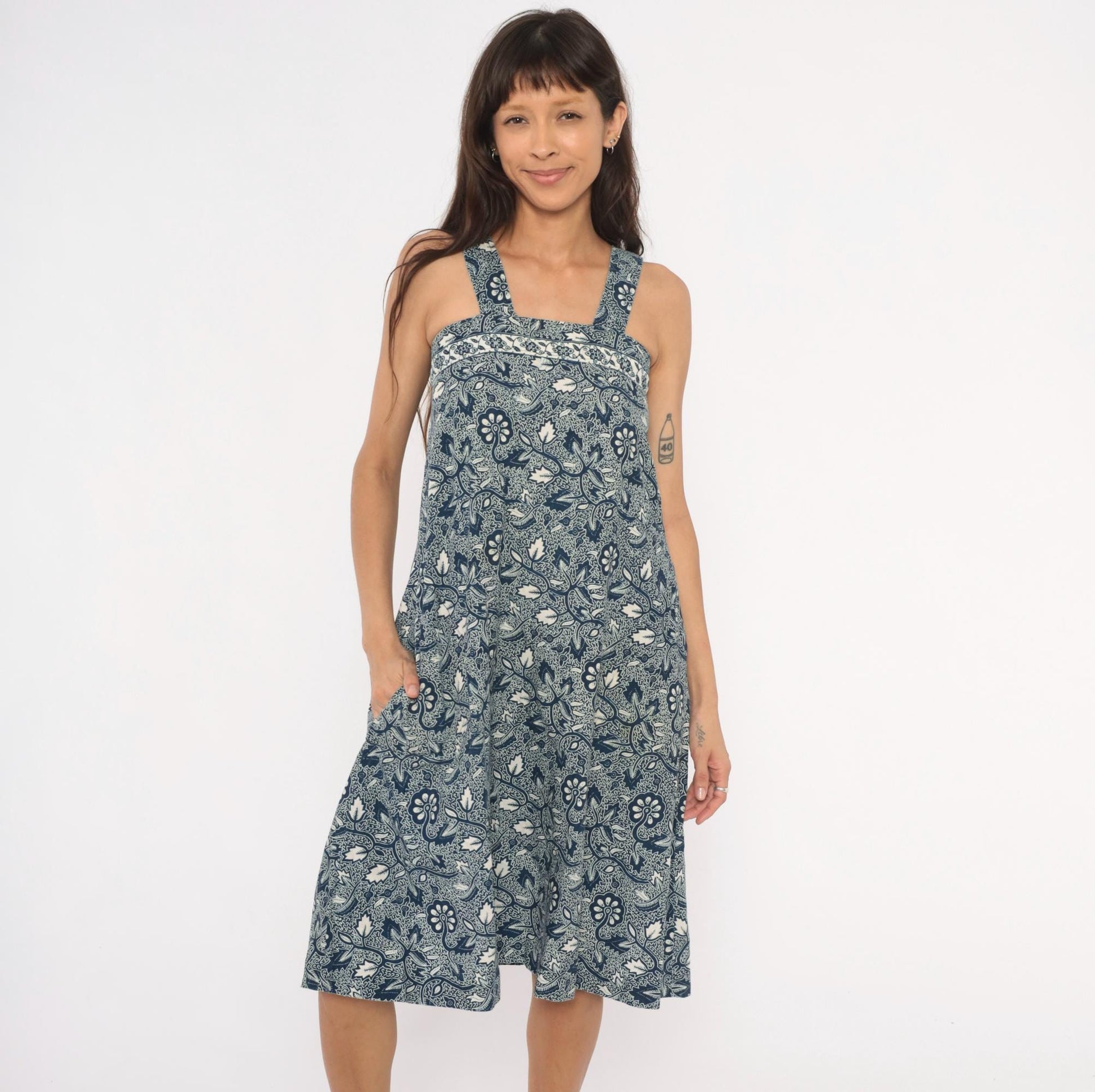 90s Navy Batik Floral Sundress Cotton Square Neck Knee-Length Extra Small XS