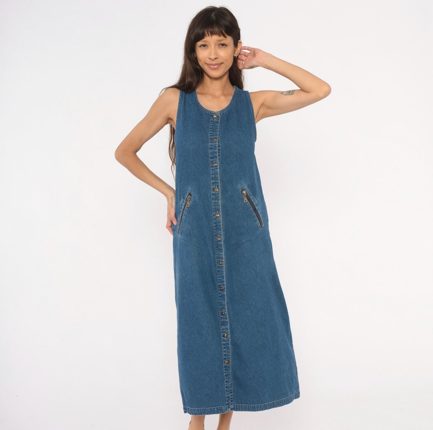 90s Original Ty2 Denim Jumper Dress Midi Button Front Cotton Navy Extra Small