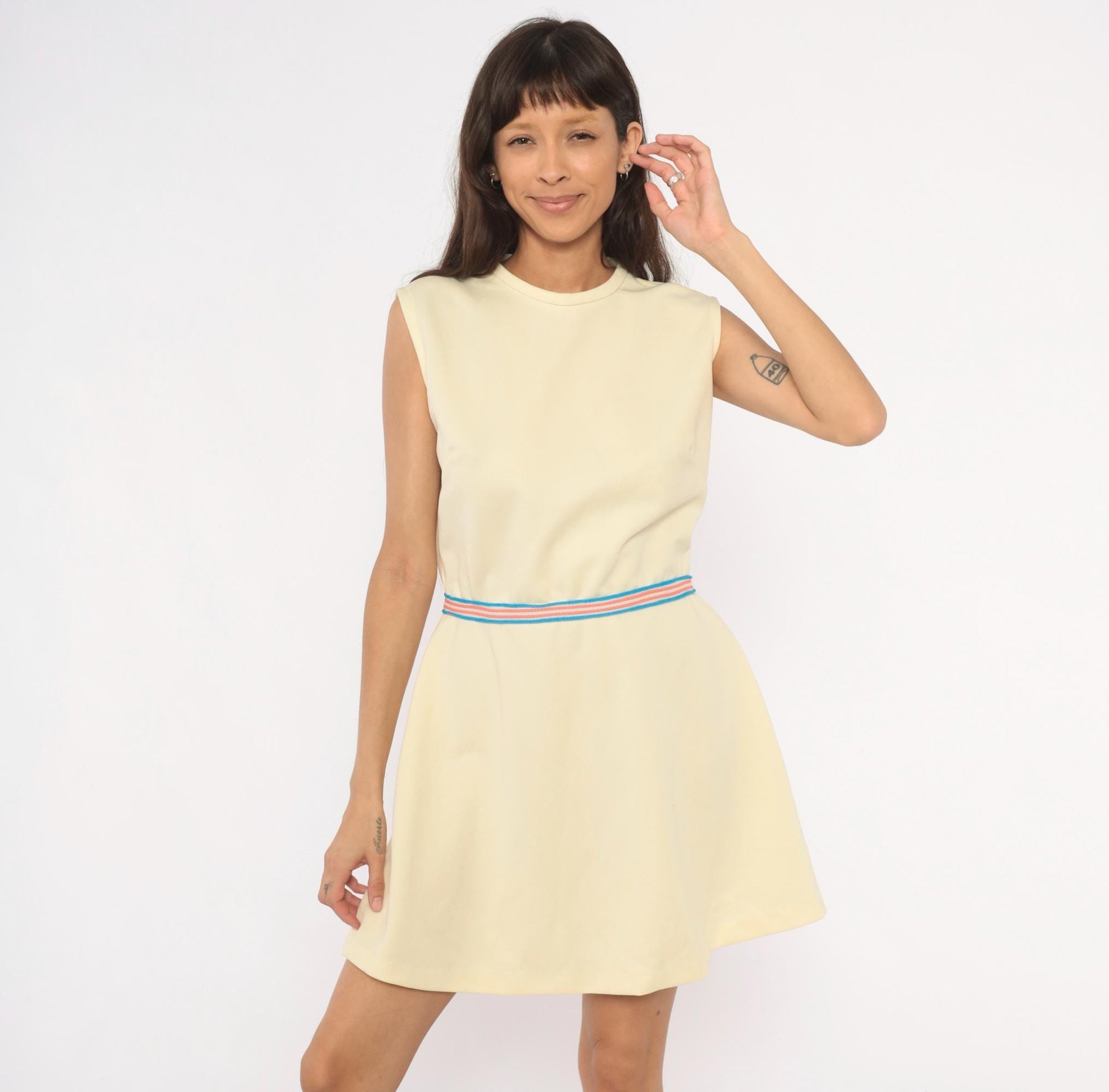 70s Cream Sleeveless Mini Dress Striped Waistband Tennis Style Shift Large L