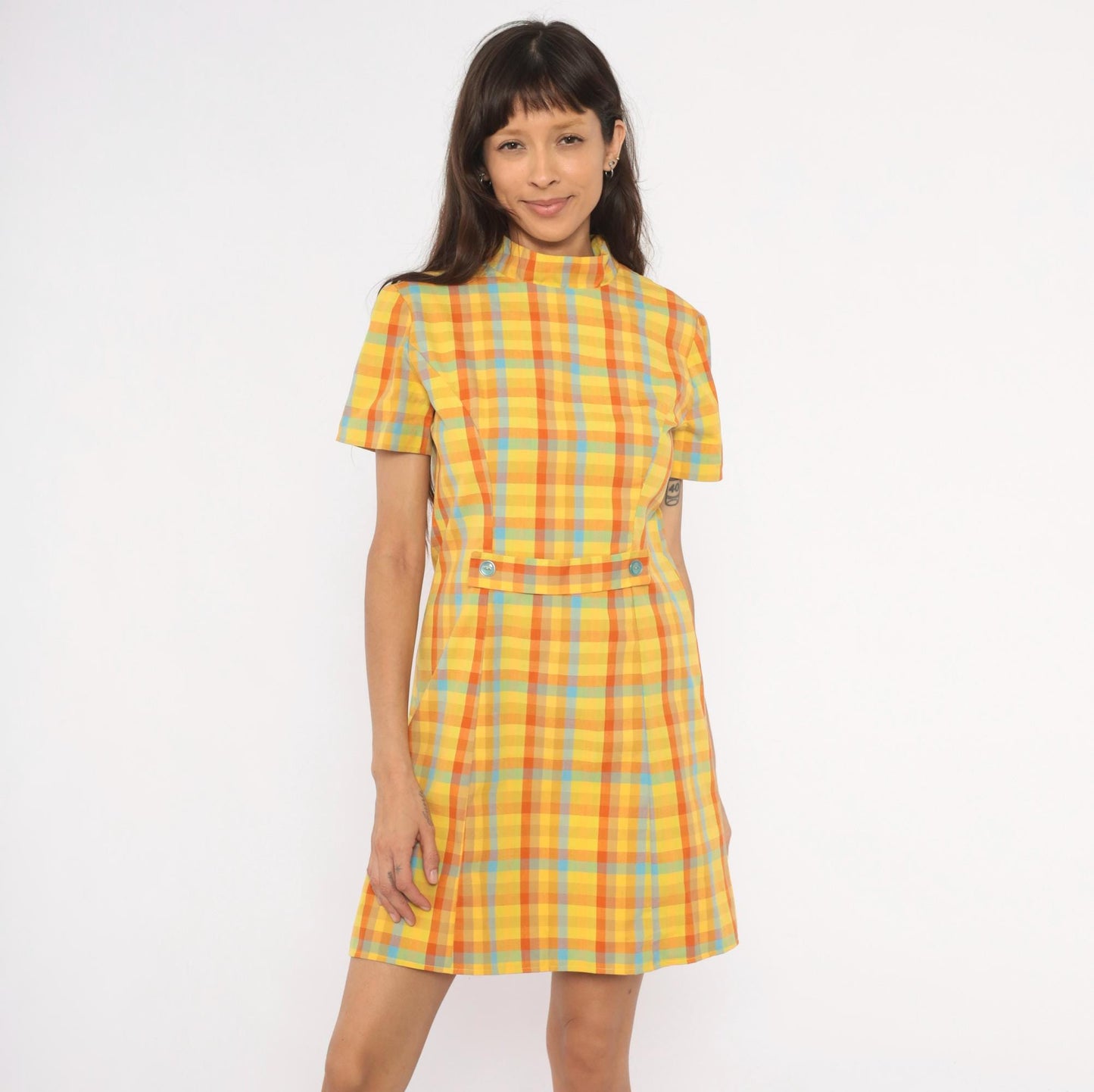 60s Plaid Mini Dress Yellow Orange Blue Check Mock Neck Cotton Small