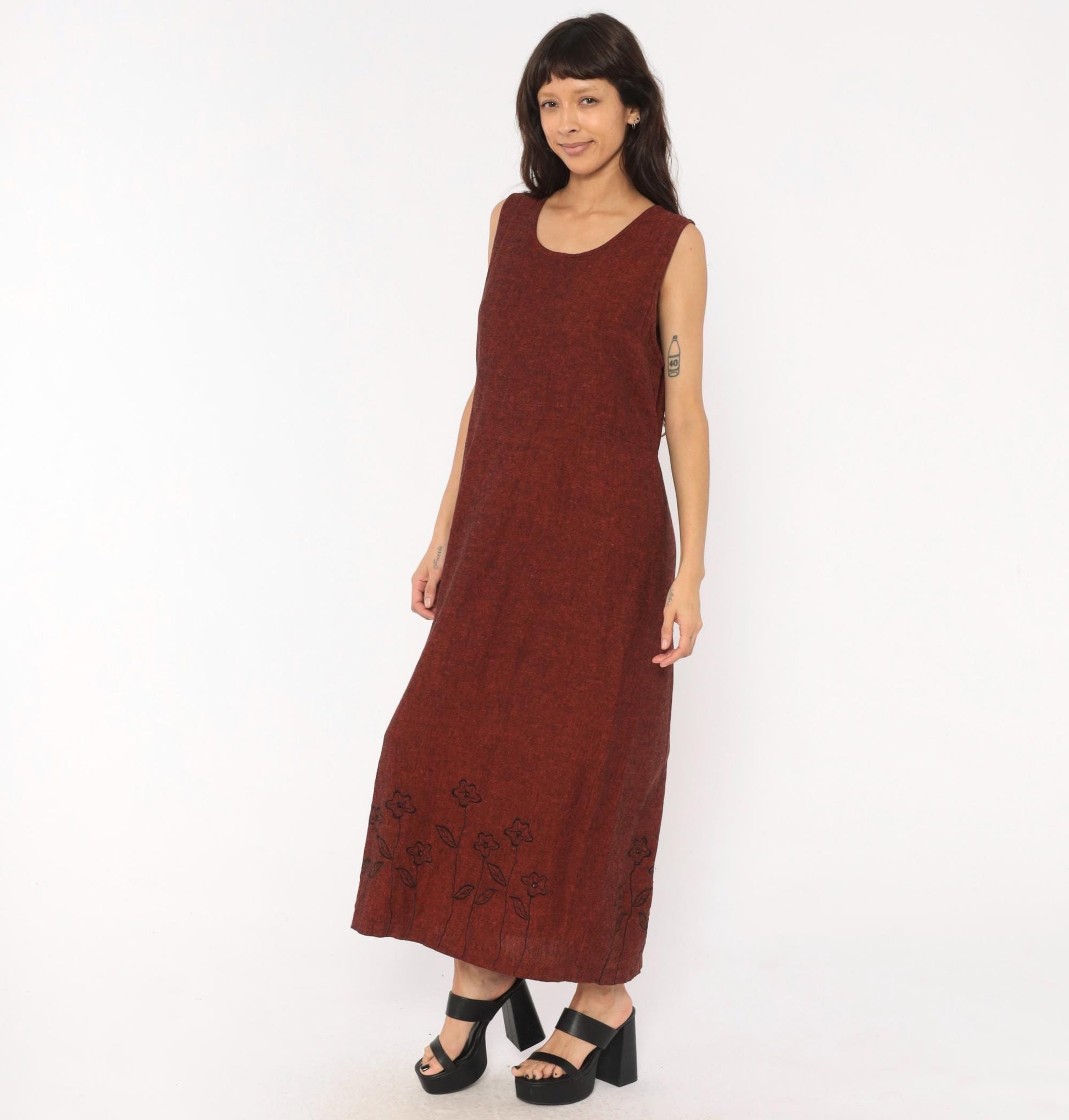 90s Country Wear Casuals Burgundy Linen Maxi Dress Floral Embroidery Large Petite