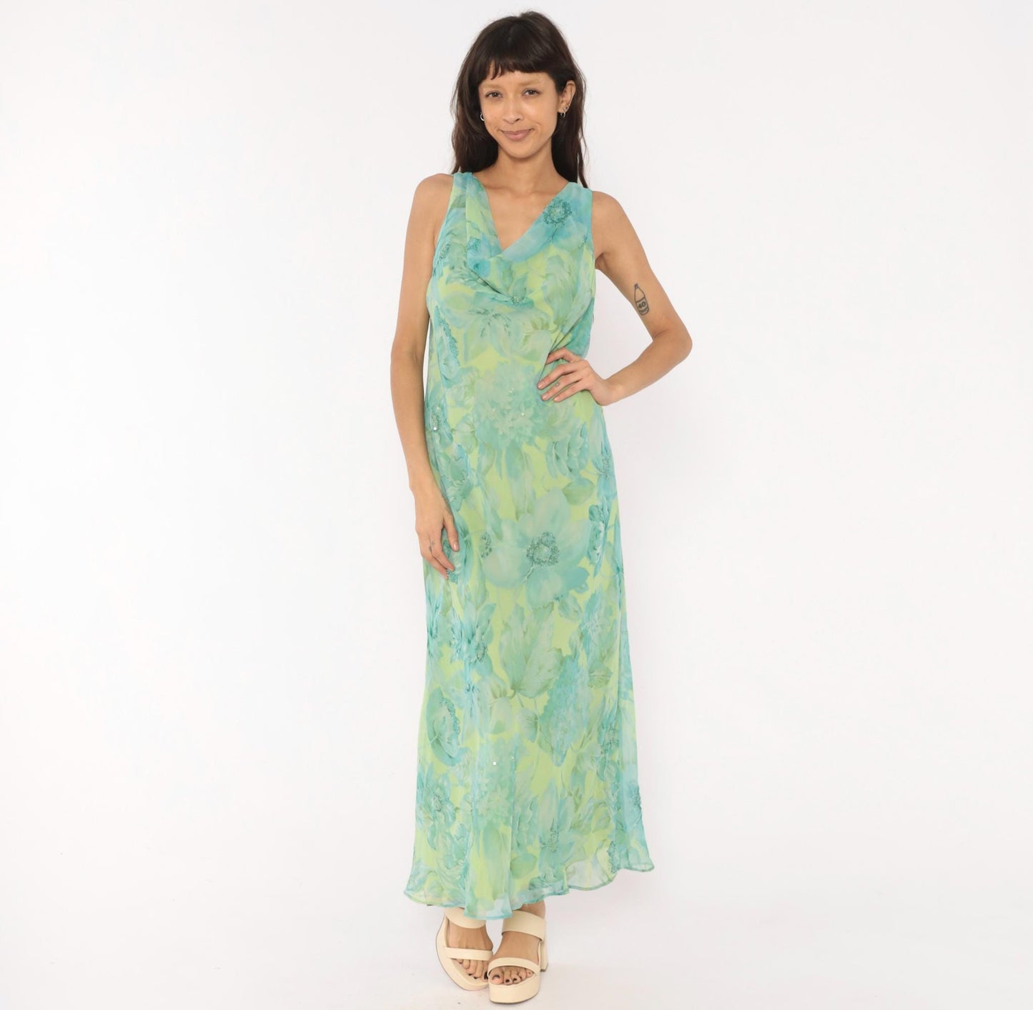 90s Plaza South Floral Chiffon Maxi Dress Aqua Lime Sequin V-Neck Extra Large XXL