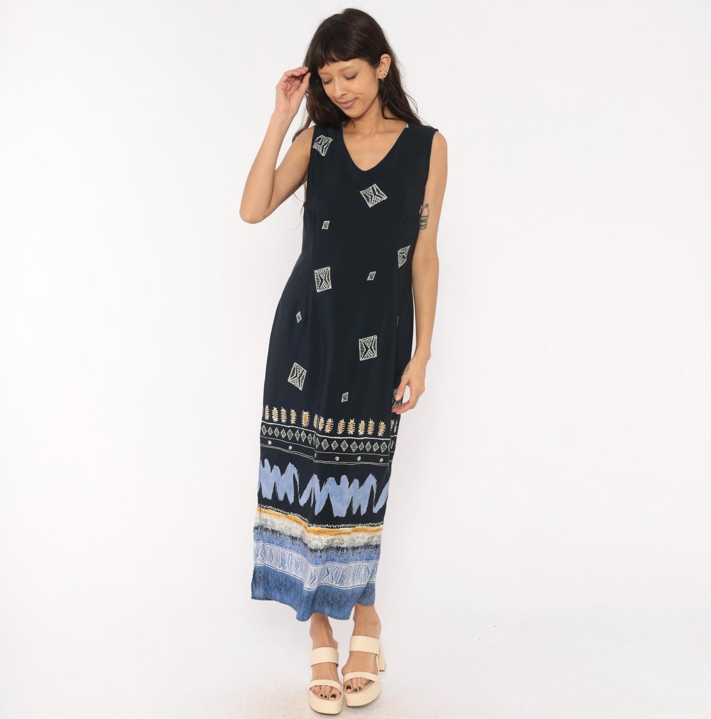 90s Dress Barn Navy Maxi Dress Geometric Tribal Border Sleeveless Large L