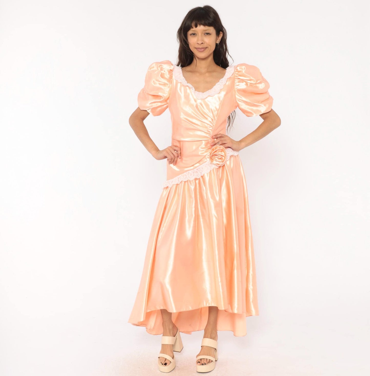 80s Peach Satin Prom Gown Puff Sleeve V Neck Drop Waist Rosette Medium