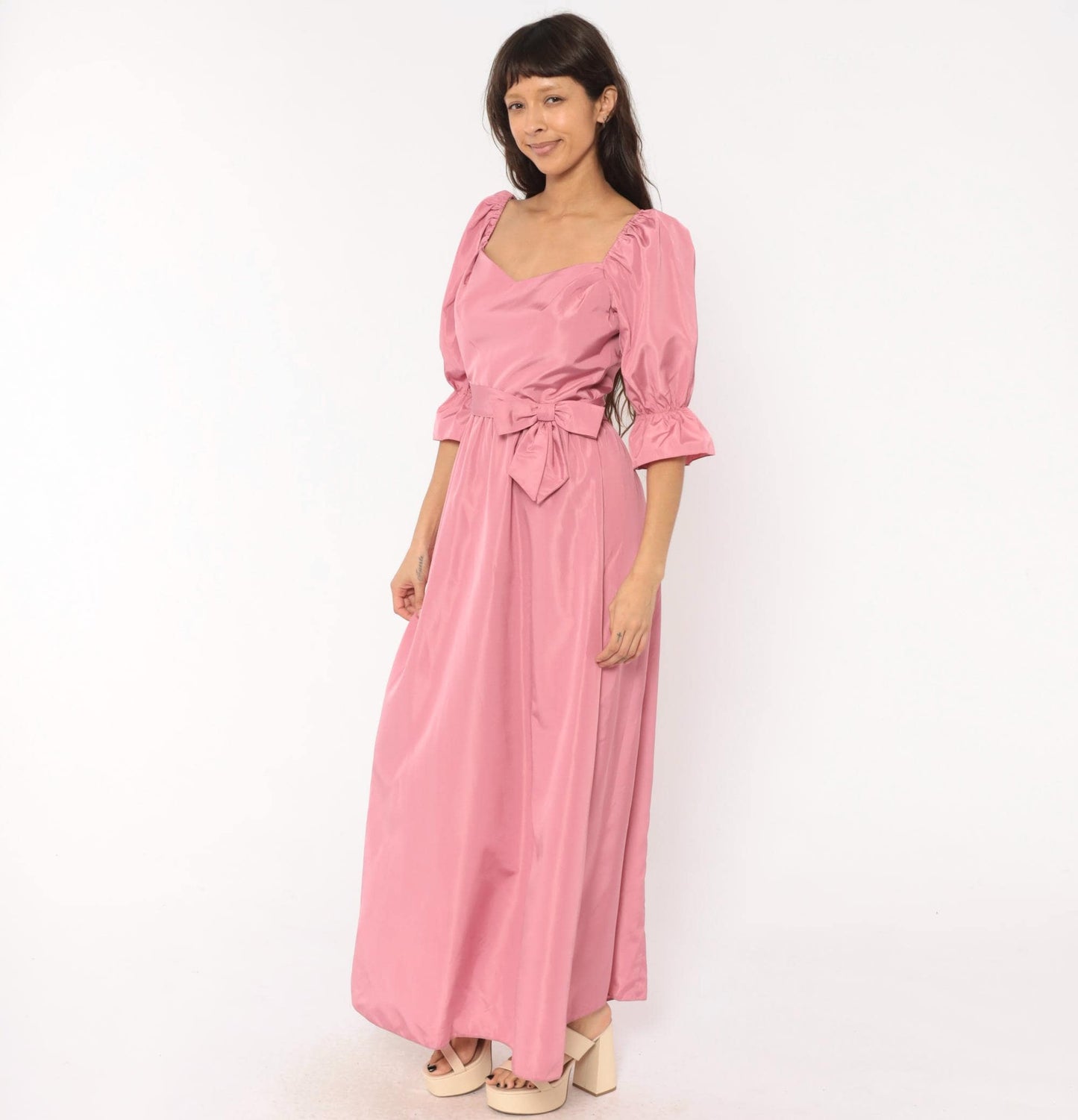80s Rose Pink Maxi Gown Sweetheart Puff Sleeve Bow Belt Small
