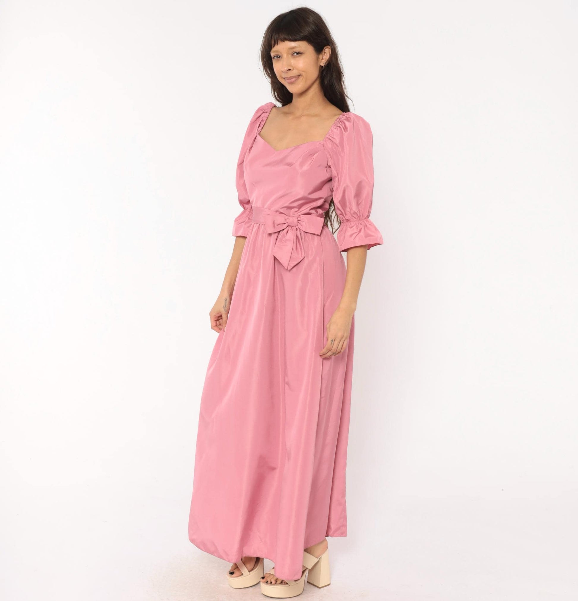 80s Rose Pink Maxi Gown Sweetheart Puff Sleeve Bow Belt Small