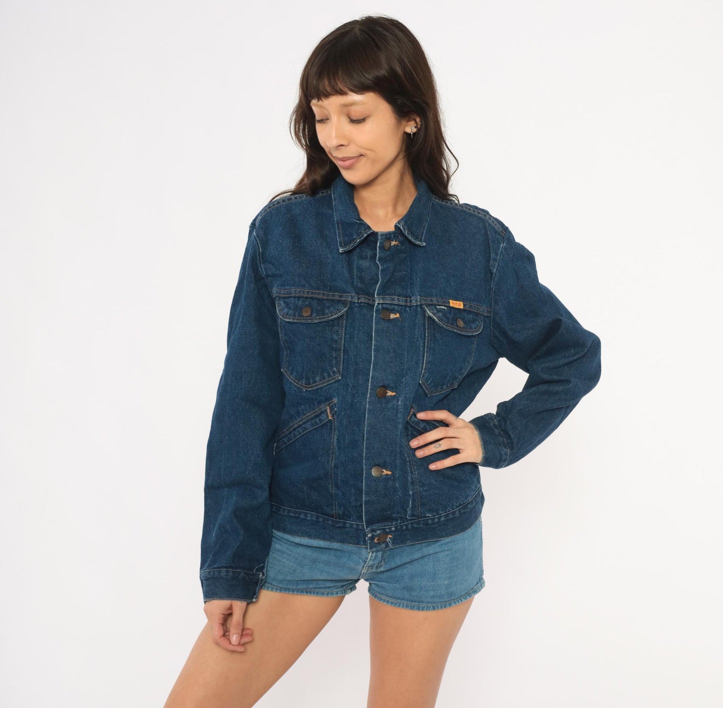80s Rustler Dark Wash Denim Jacket Cotton Pointed Collar Medium