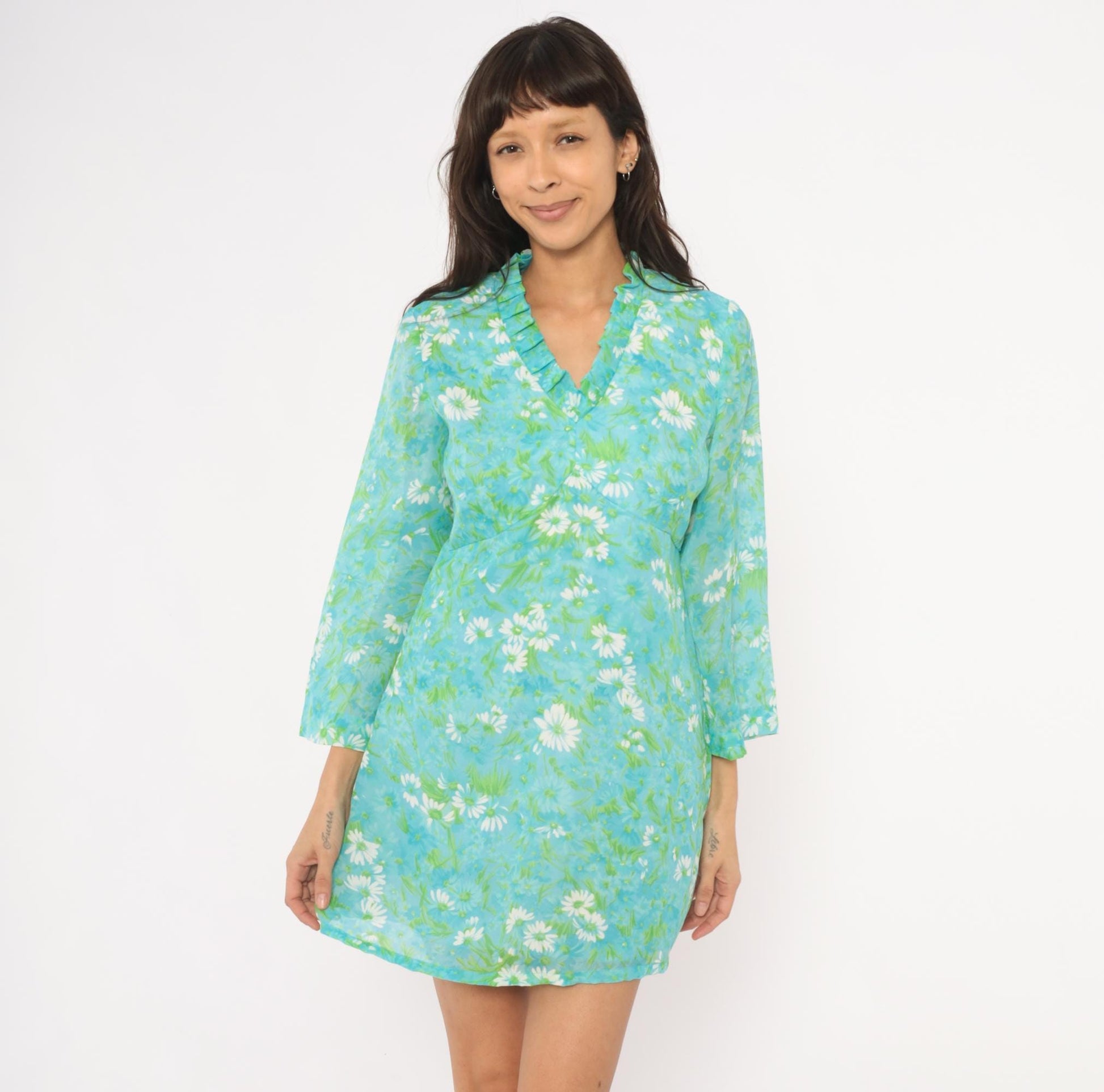 70s Daisy Floral Mini Dress Aqua Bell Sleeve A-Line Large L