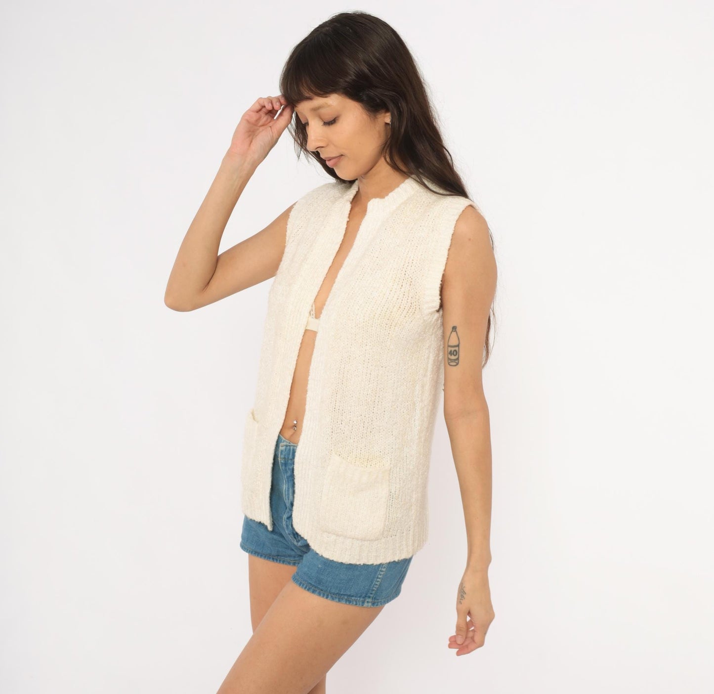 80s Moneta Cream Knit Sweater Vest Patch Pocket Cardigan Small