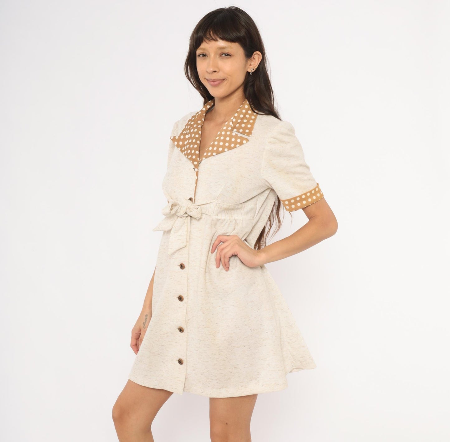 70s Cream Polka Dot Collar Shirtdress Puff Sleeve Tie Waist Knee-Length Medium M