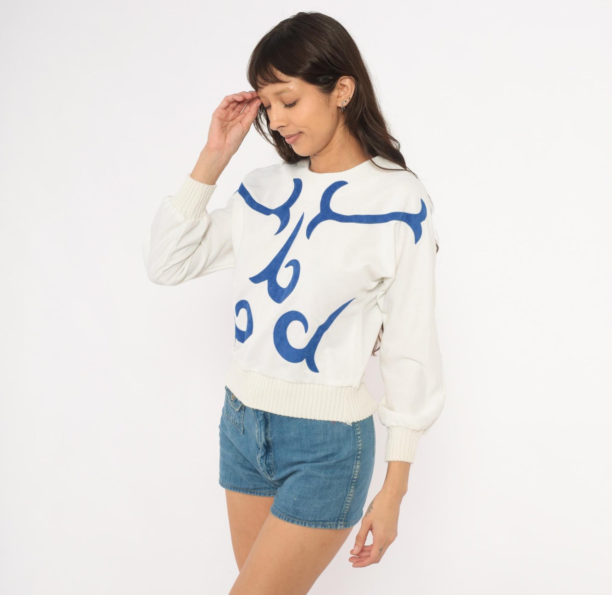 80s Leslie Fay White Cobalt Appliqué Sweatshirt Cropped Balloon Sleeve Extra Small XS