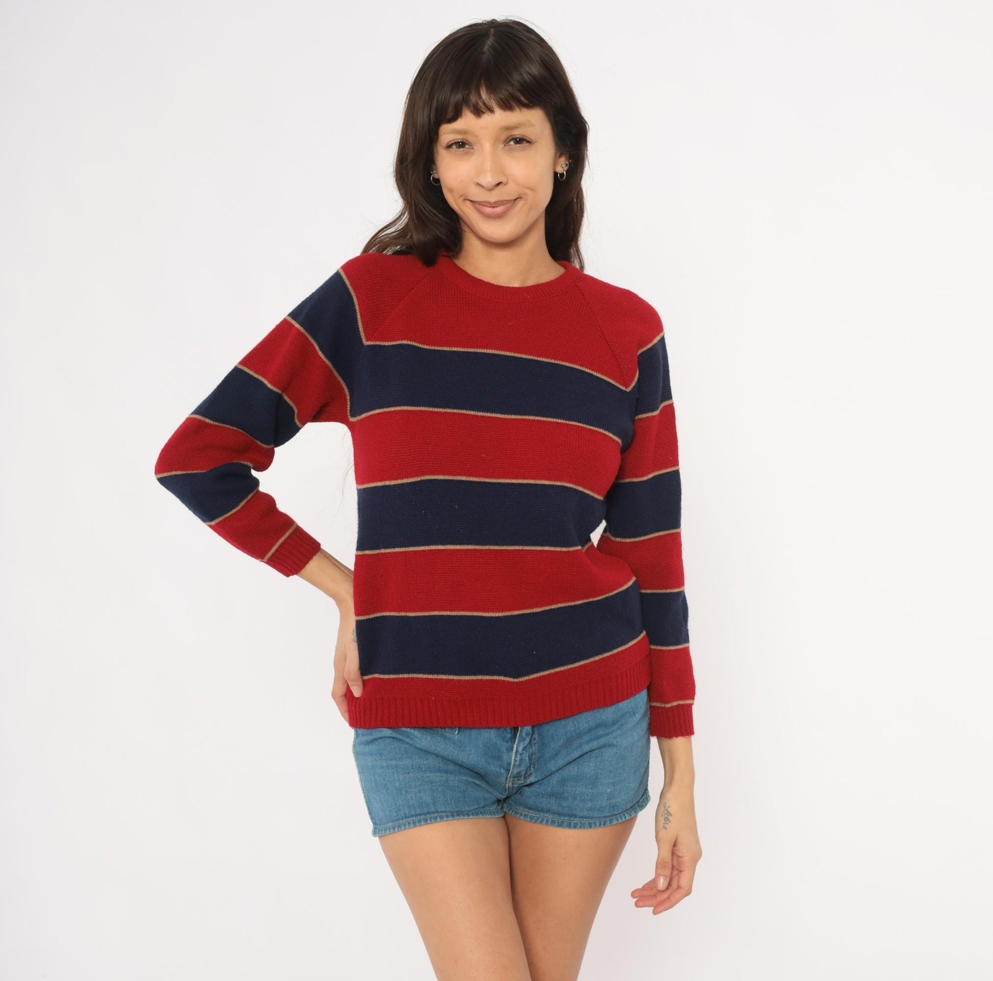 80s Striped Raglan Pullover Sweater Red Navy Burgundy Knit Small