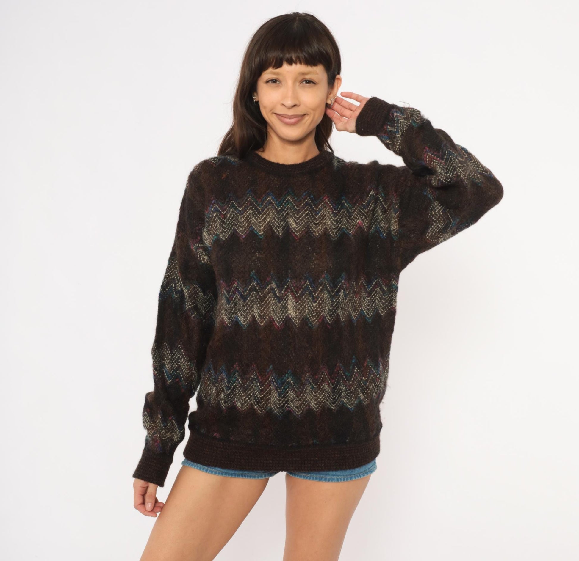 80s Croft & Barrow Chevron Zigzag Wool Pullover Dark Brown Small