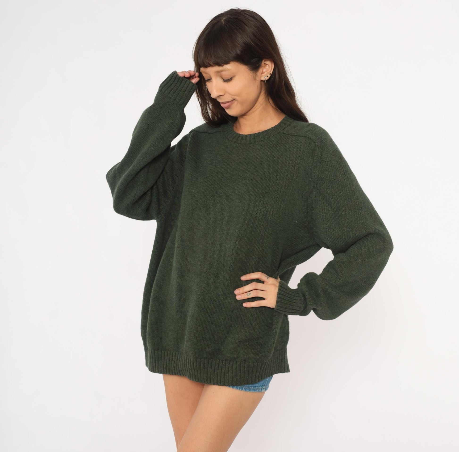 90s Lands End Dark Olive Cotton Knit Crewneck Pullover Extra Large XL