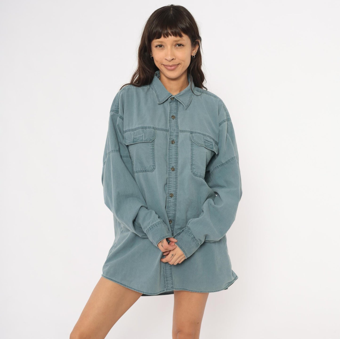 2000s Redhead Slate Blue Cotton Work Shirt Pointed Collar Chest Pockets Extra Large XL