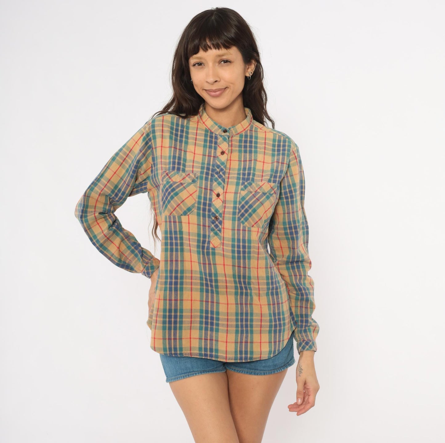 80s Hot Line Mervyns Plaid Henley Shirt Tan Navy Teal Red Cotton Small