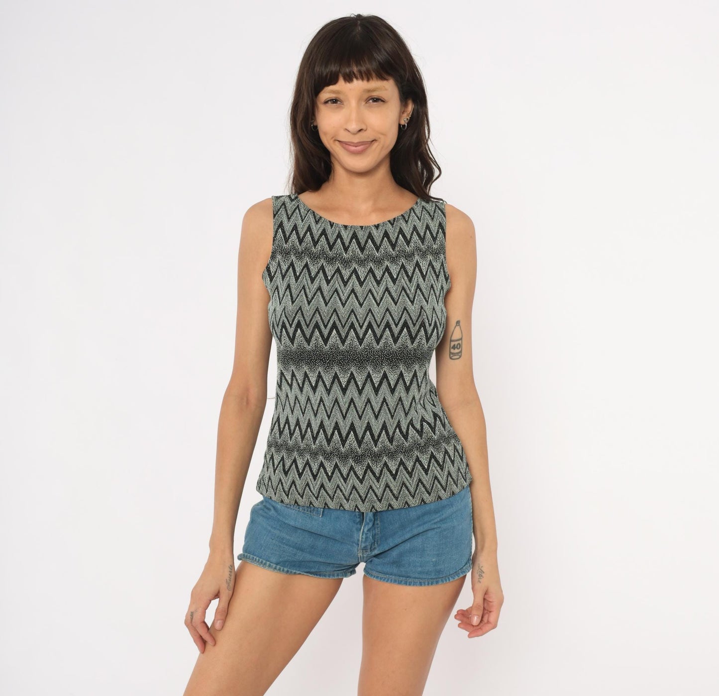 90s Black Grey Chevron Zigzag Metallic Knit Tank Medium M