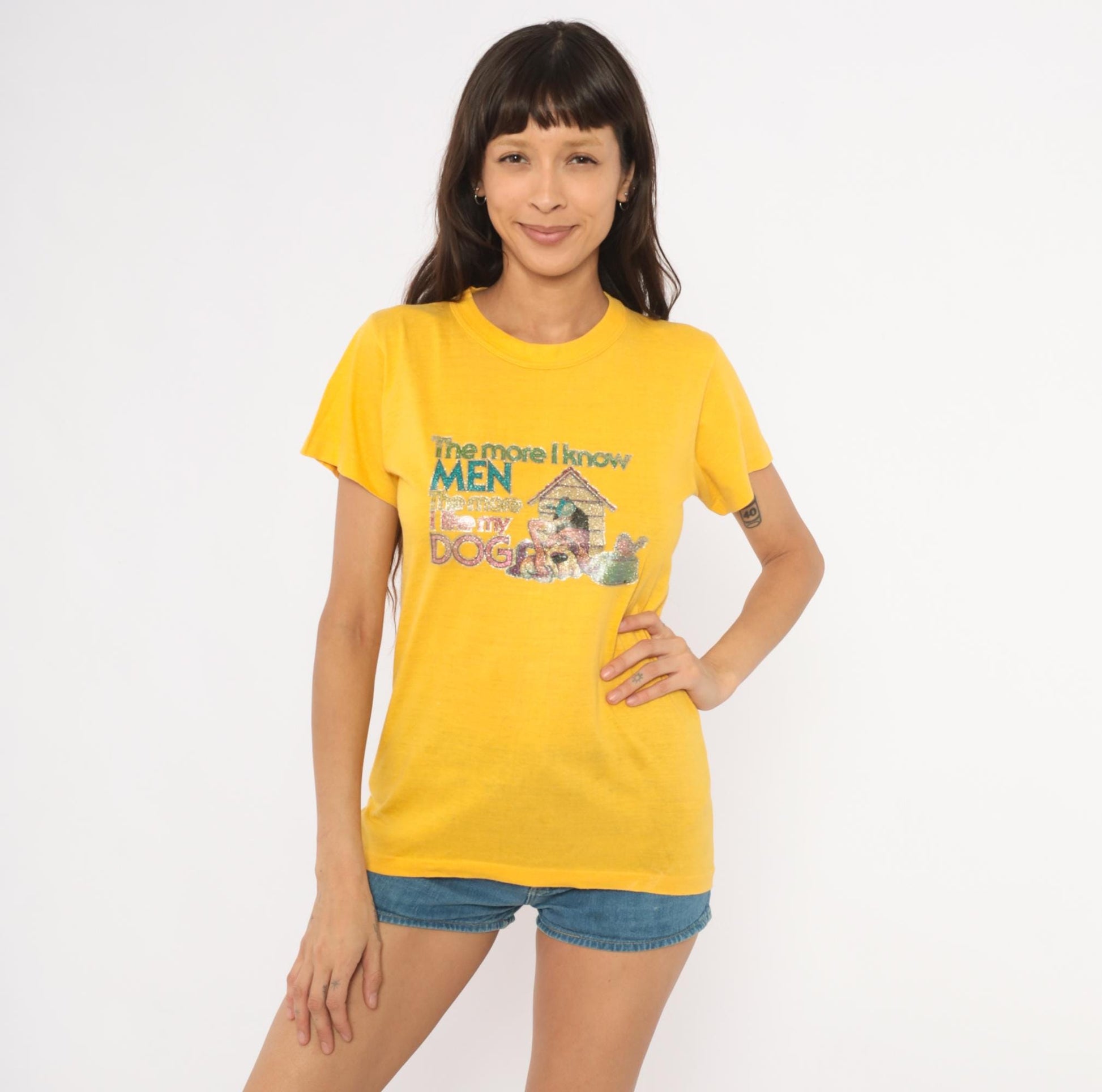 80s Poltermann Glitter Dog Graphic Tee Yellow Cotton Novelty Small