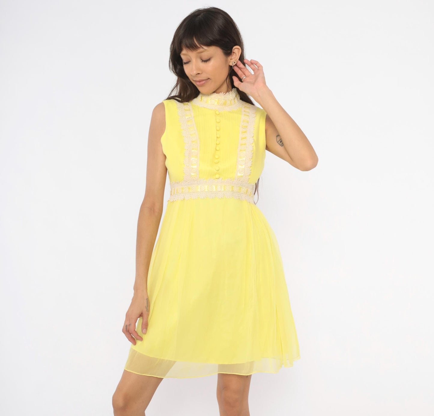 1970s Yellow Chiffon Mini Dress Lace Trim Mock Neck Pintuck Bodice Small