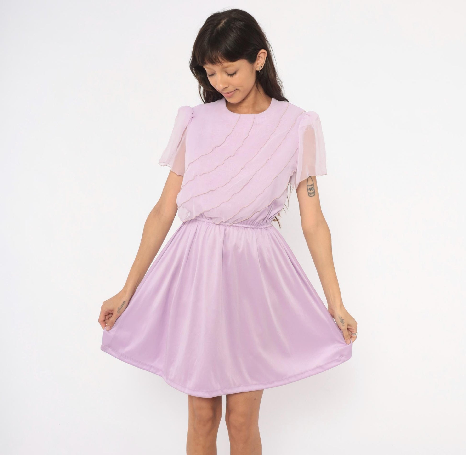 70s Lilac Chiffon Dress Flutter Sleeve Ruffle Bodice Knee-Length Small Medium