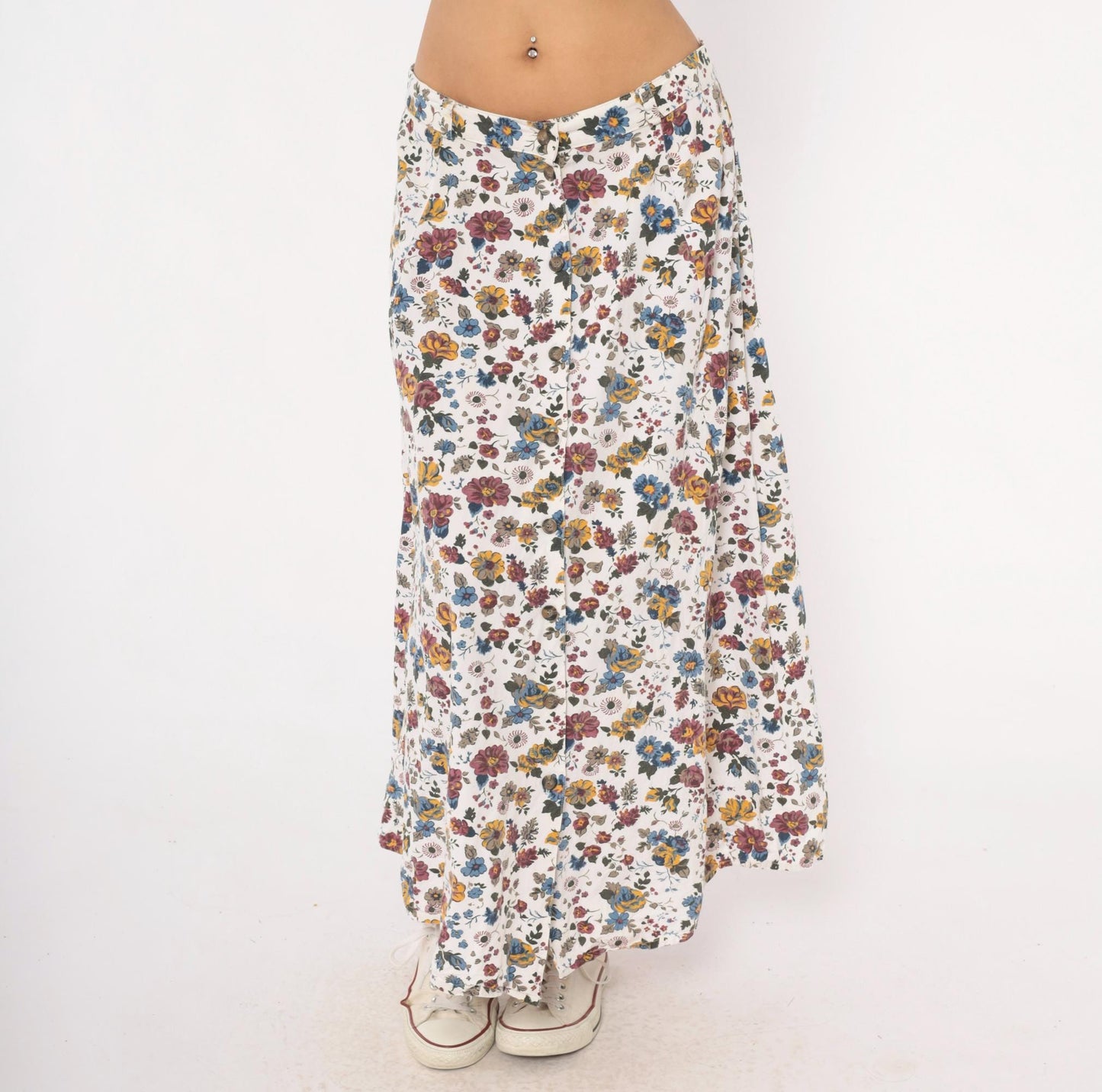 90s White Stag Floral Maxi Skirt Burgundy Mustard Garden Print Large L