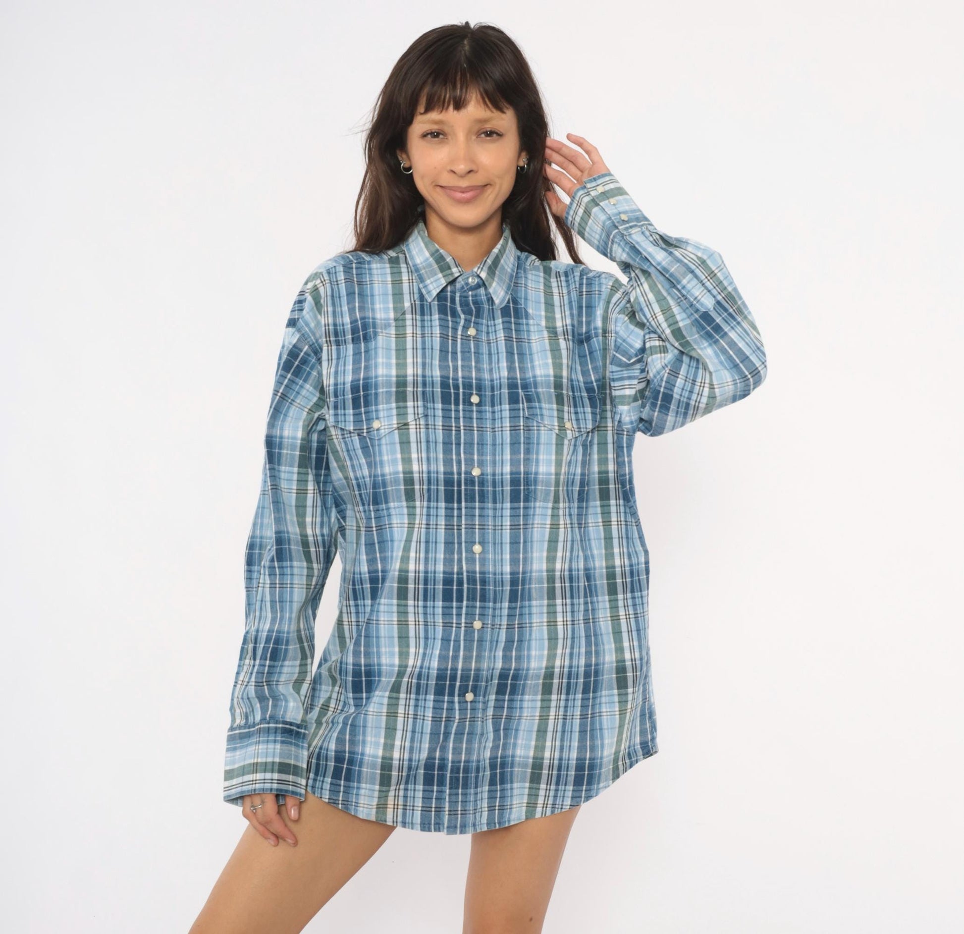 Y2K Wrangler Western Plaid Pearl Snap Shirt Blue Green XXL