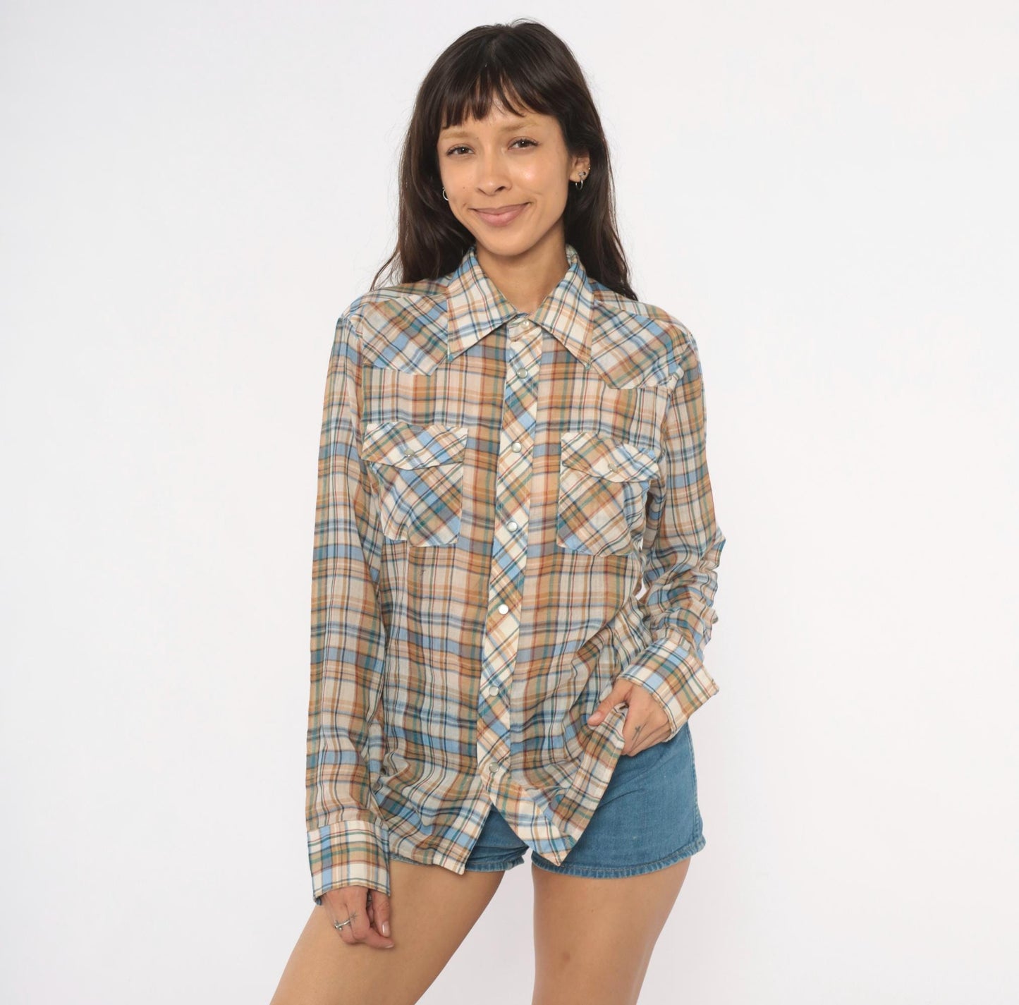 80s Plaid Western Snap Button Shirt Tan Blue Cream Small