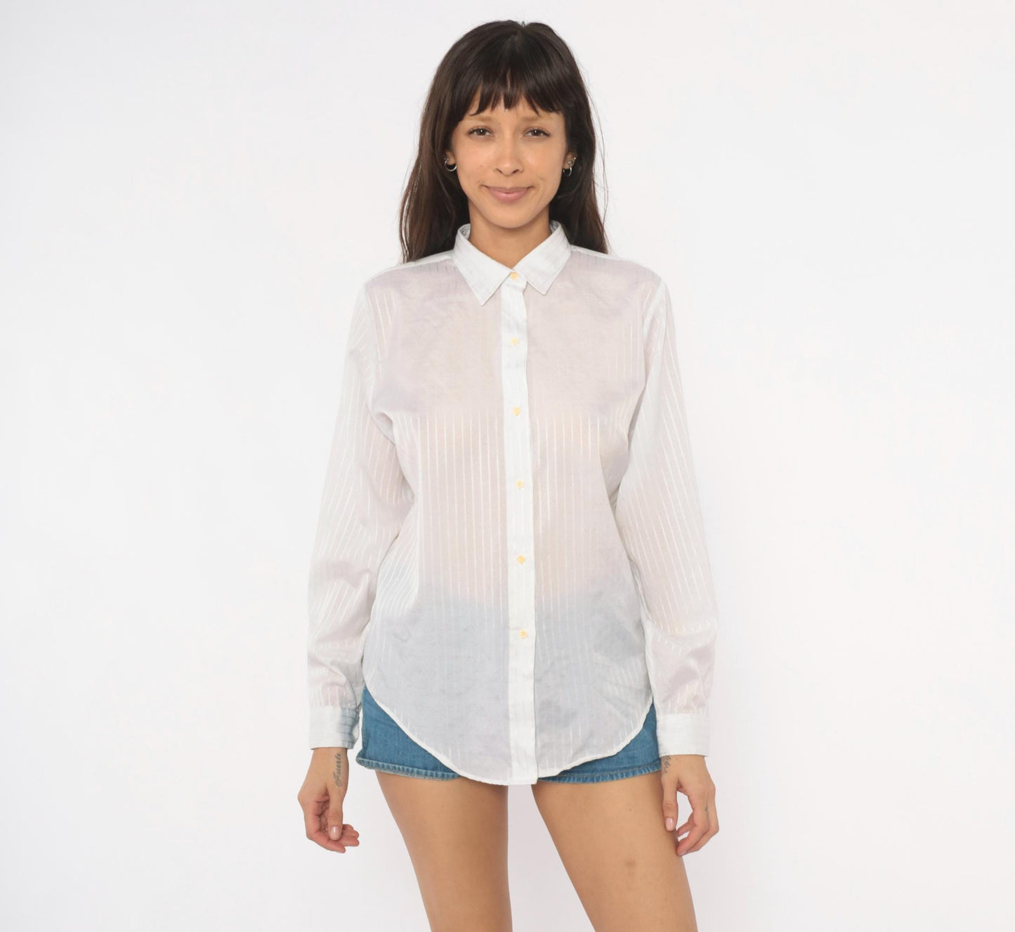 90s Cobble-Lane White Striped Button-Up Blouse Pointed Collar Large L