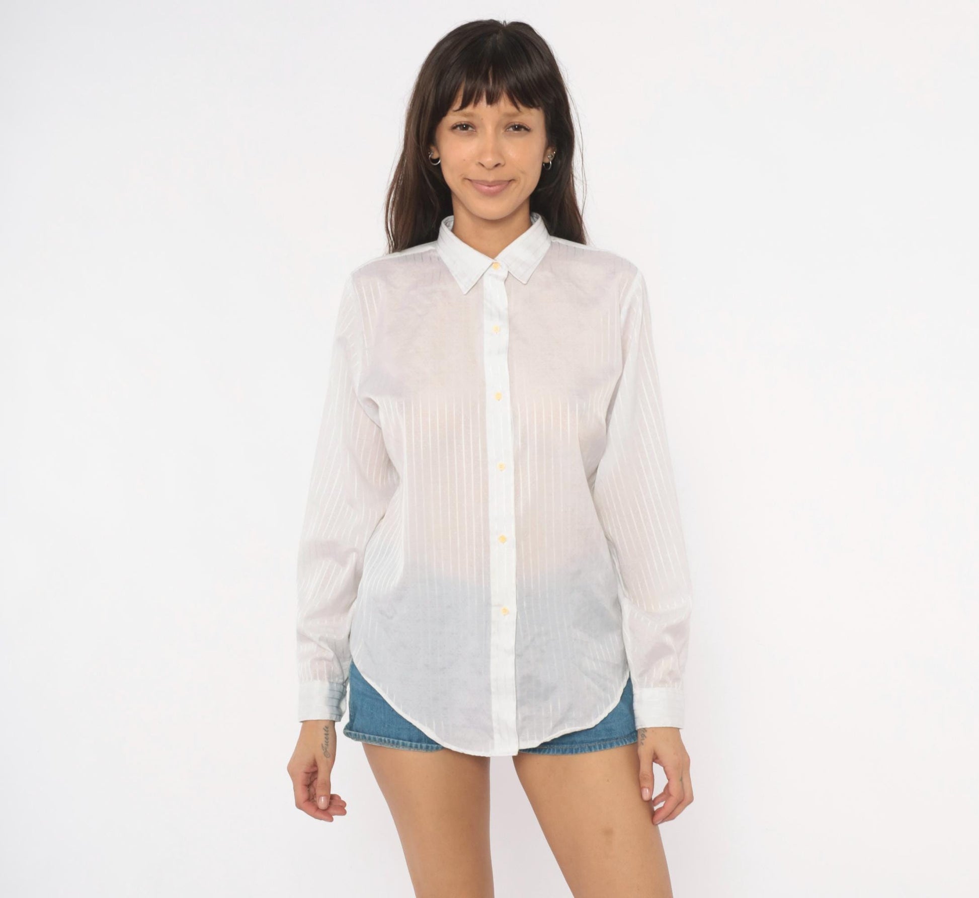 90s Cobble-Lane White Striped Button-Up Blouse Pointed Collar Large L