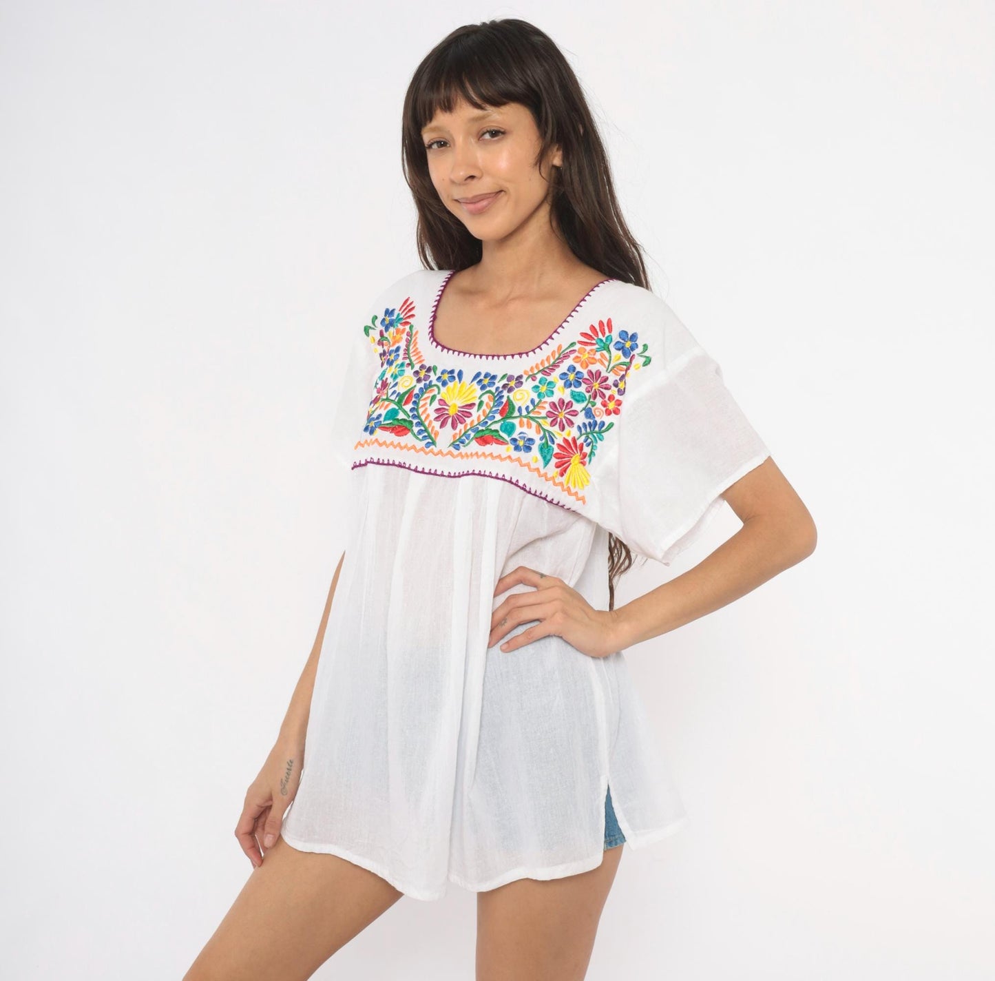 90s Mexican Embroidered Floral Blouse White Cotton Scoop Neck Large