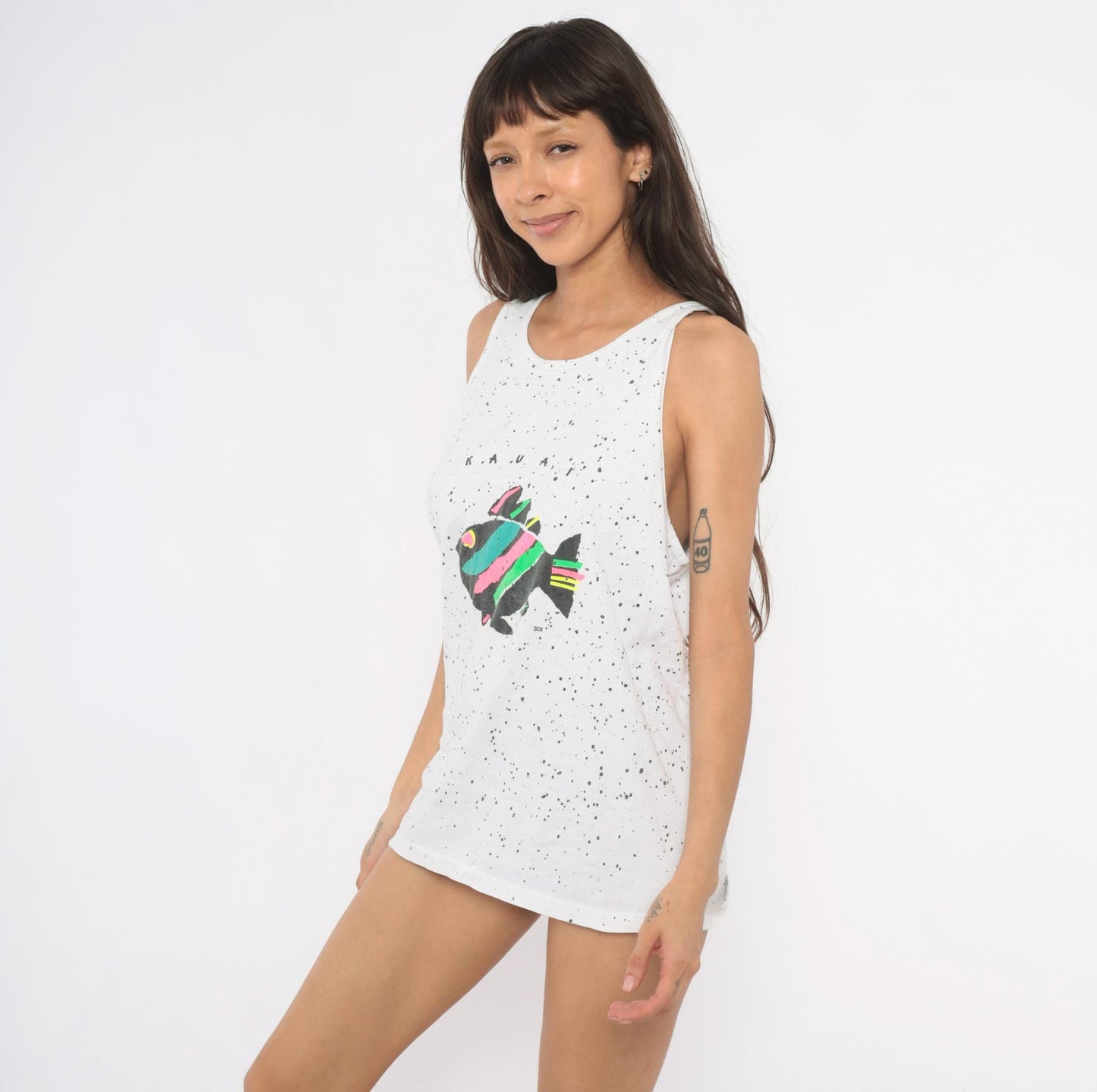 90s Oneita Kauai Fish Tank Top White Splatter Paint Neon Graphic Cotton Large L