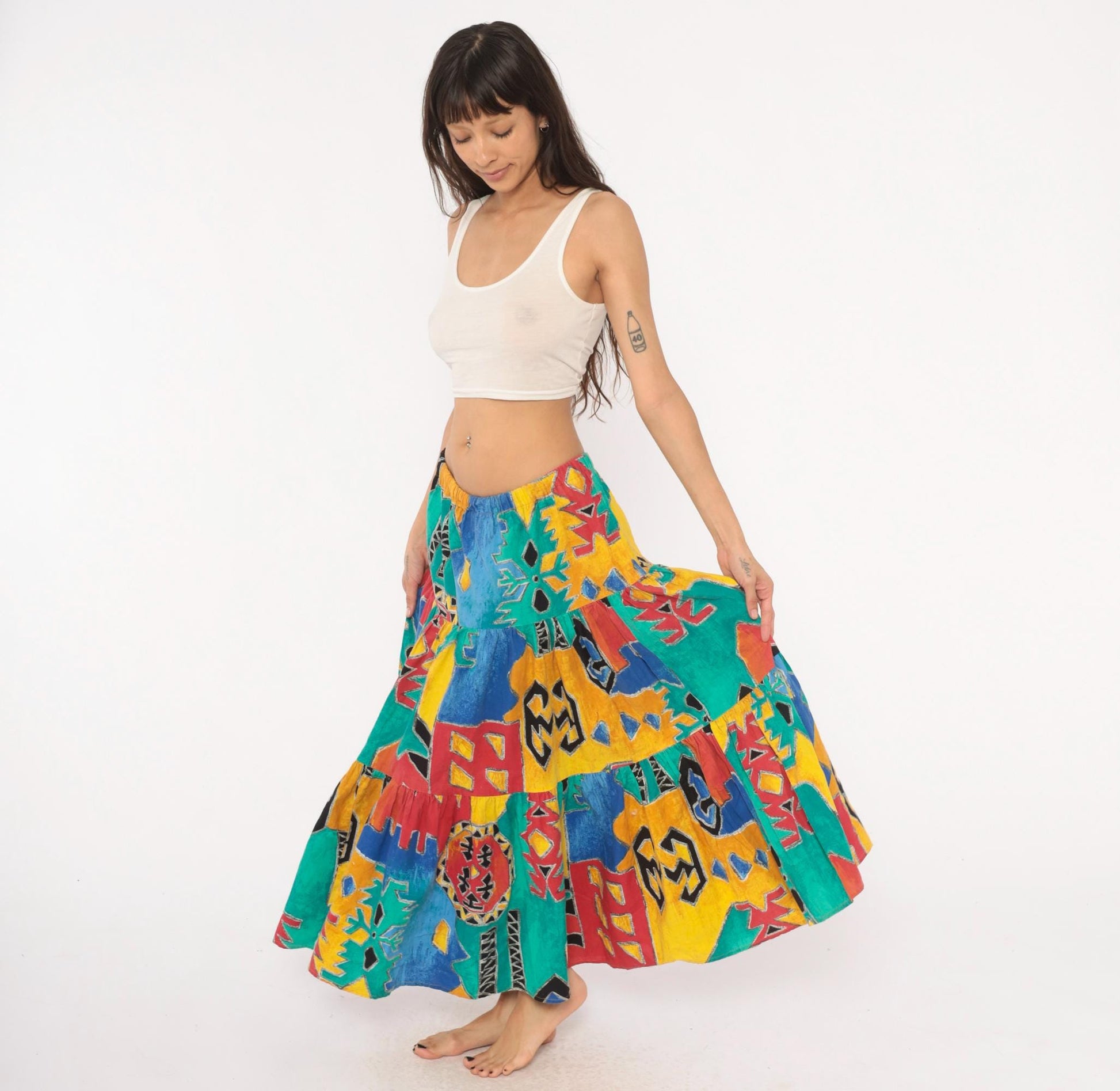 90s Tribal Print Maxi Skirt Teal Red Yellow Blue Tiered Cotton One Size