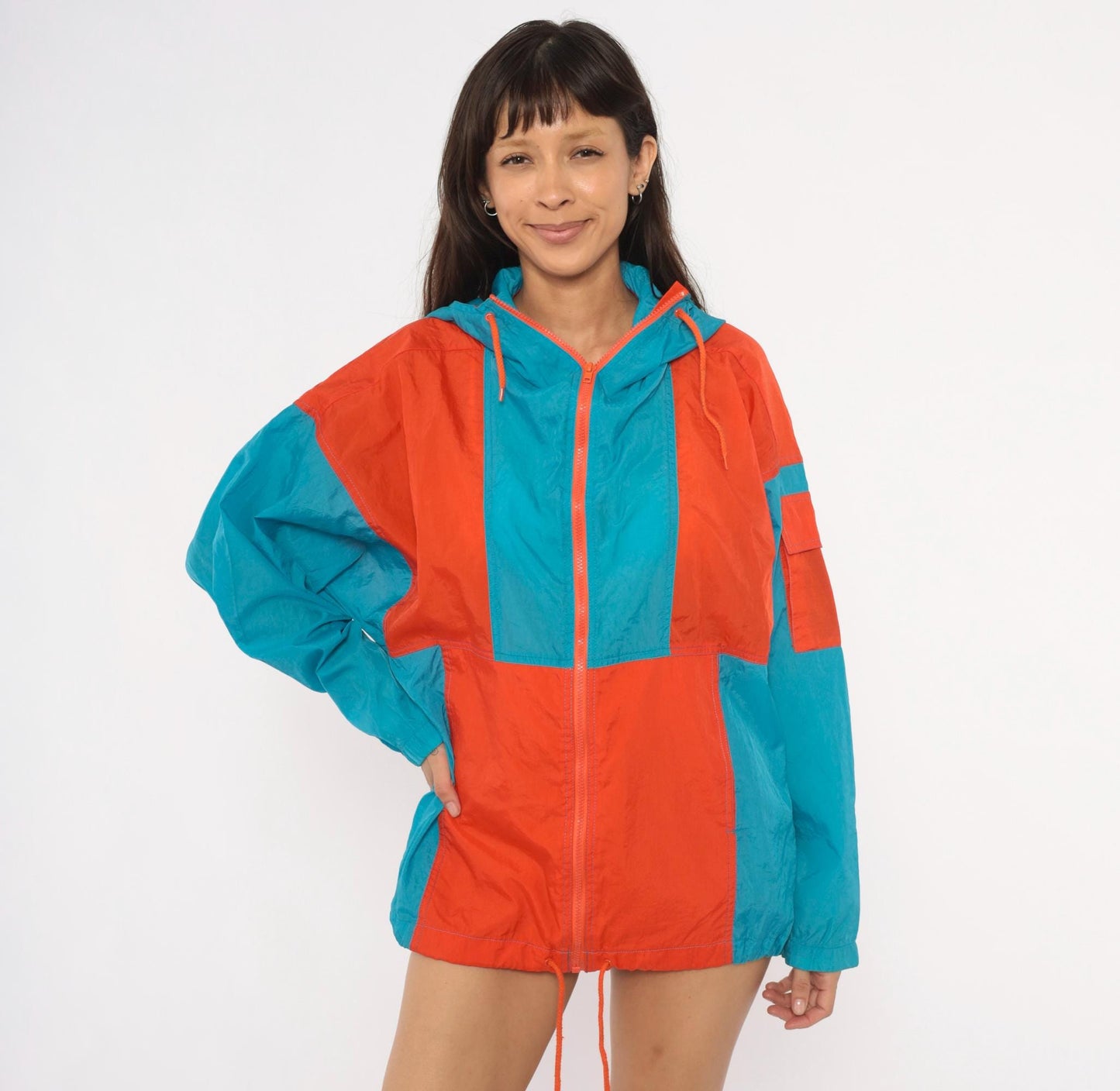 80s Sbi Teal Orange Colorblock Windbreaker Hooded Nylon Jacket Small