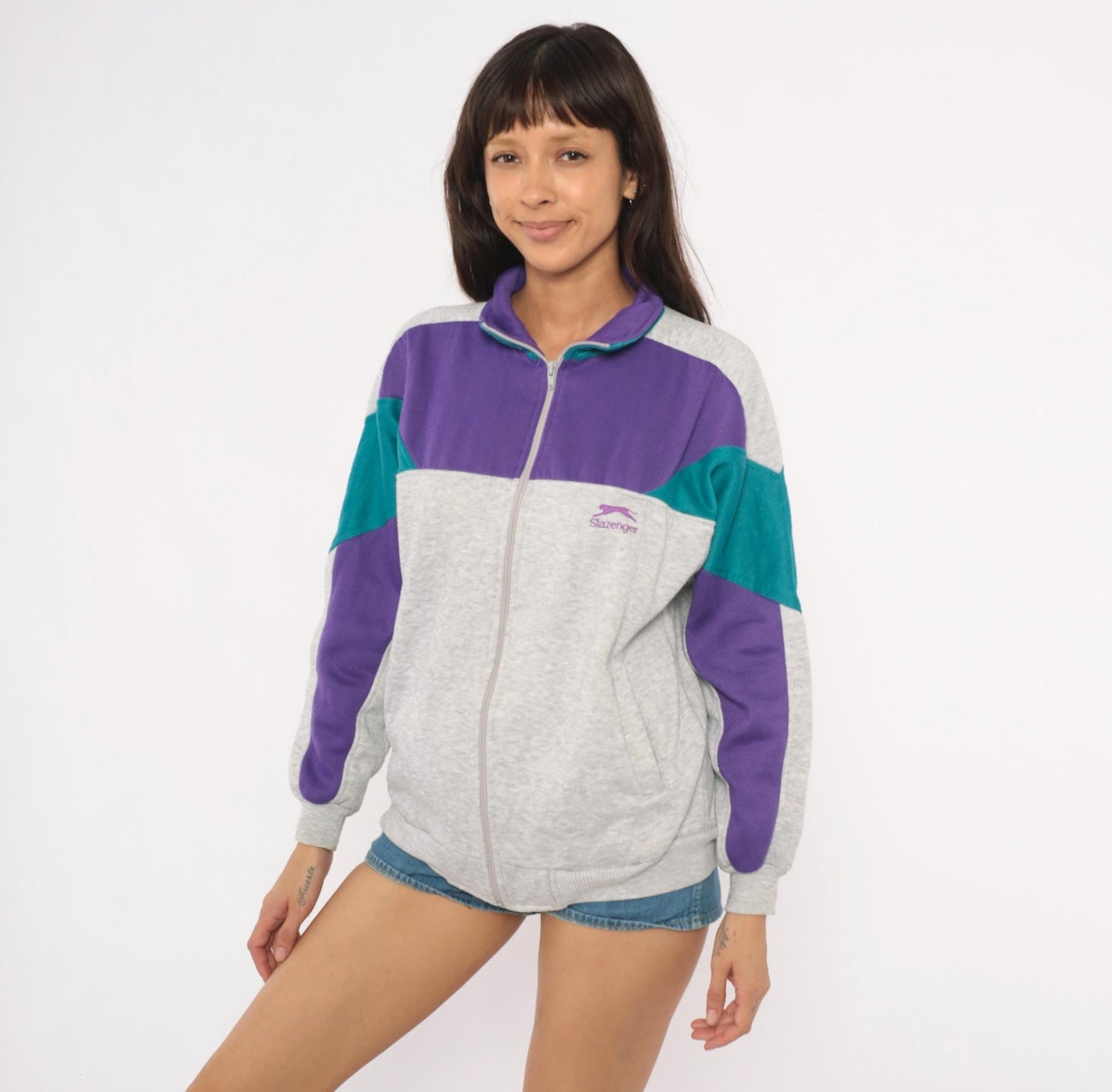 80s Slazenger Colorblock Zip Sweatshirt Purple Grey Teal Small