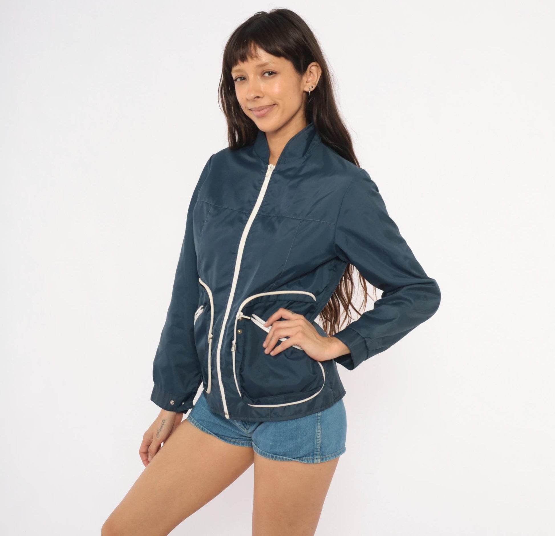 70s Navy Windbreaker White Contrast Zipper Stand Collar Shell Jacket Small S