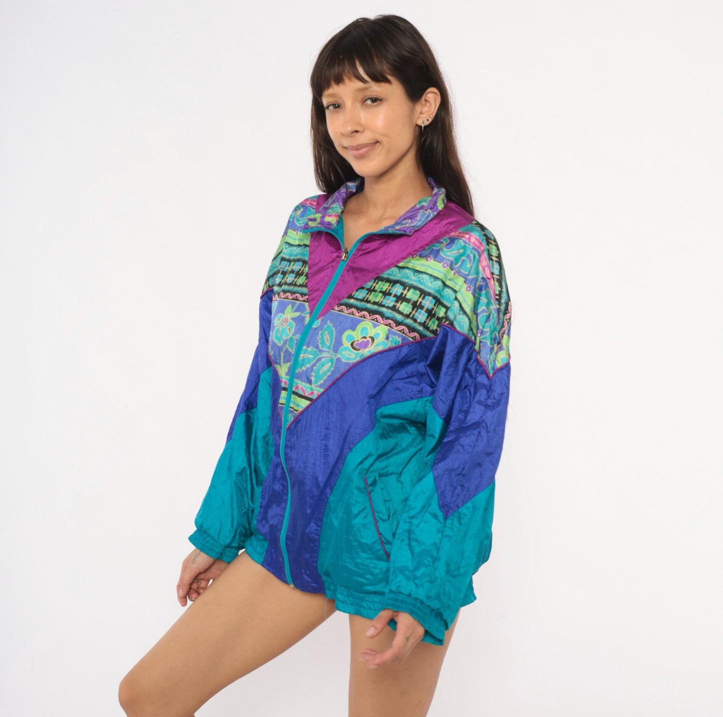 90s Bold Spirit Colorblock Windbreaker Teal Purple Geometric Floral Extra Large XL