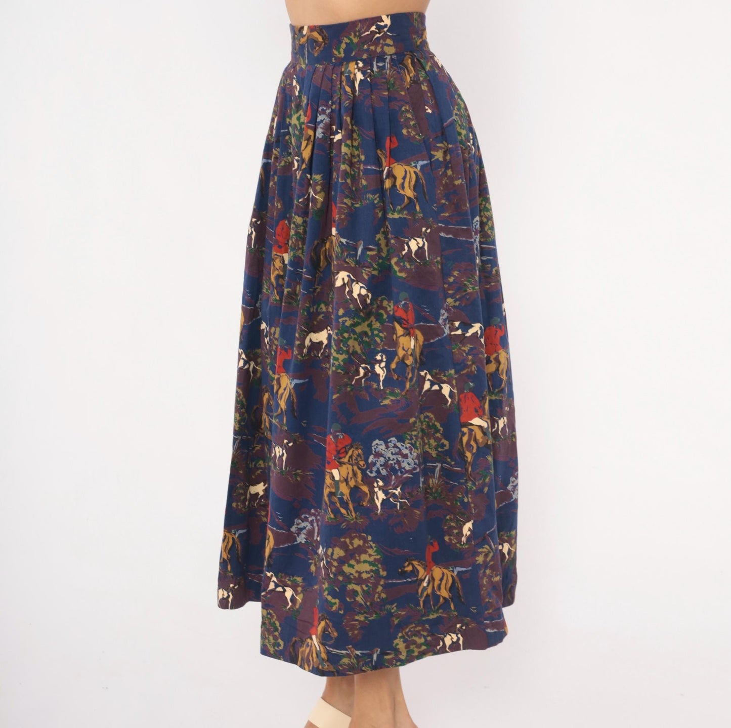 90s Breeches Equestrian Hunt Scene Midi Skirt Navy Purple Pleated Cotton Extra Small XS