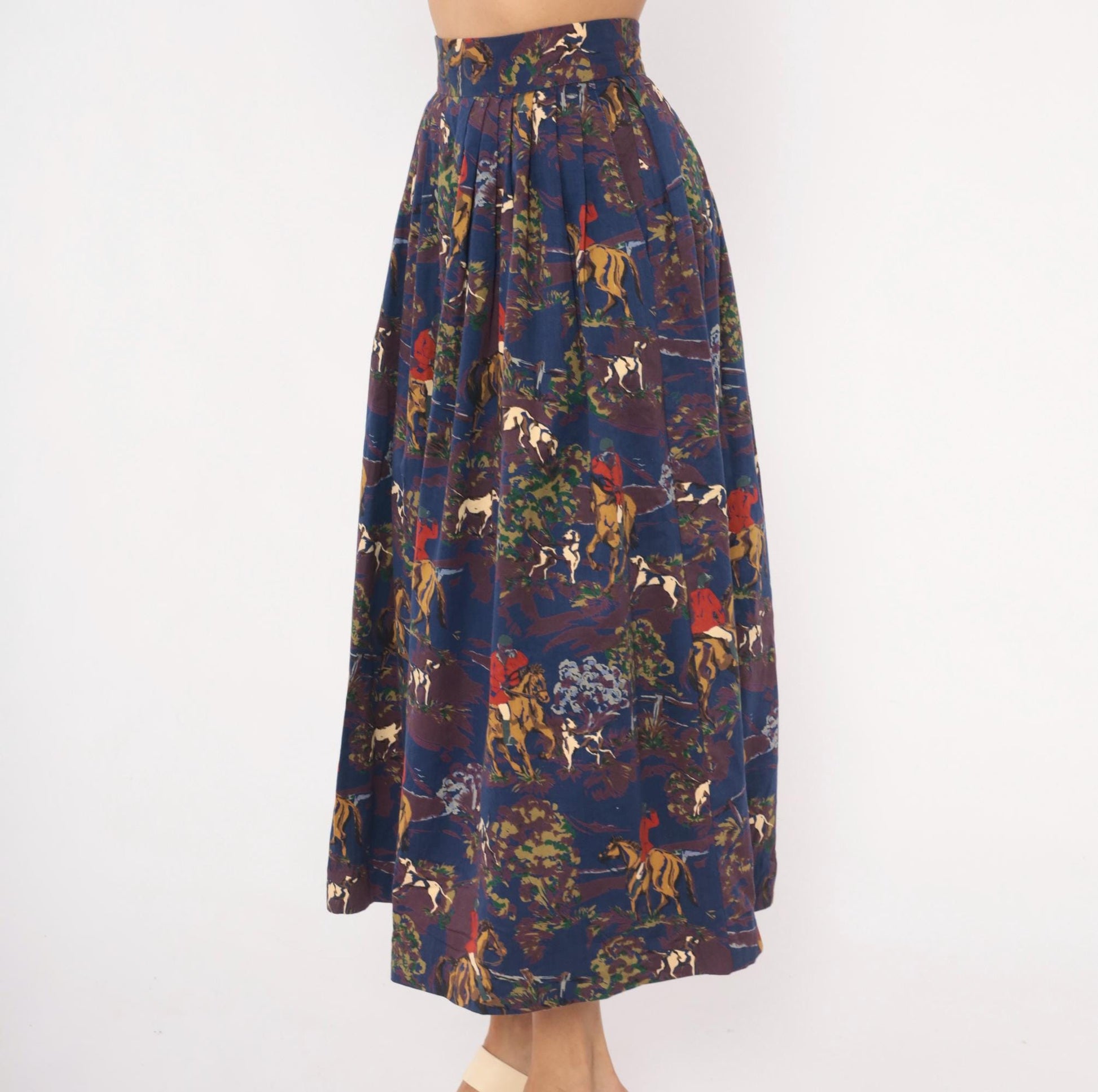 90s Breeches Equestrian Hunt Scene Midi Skirt Navy Purple Pleated Cotton Extra Small XS