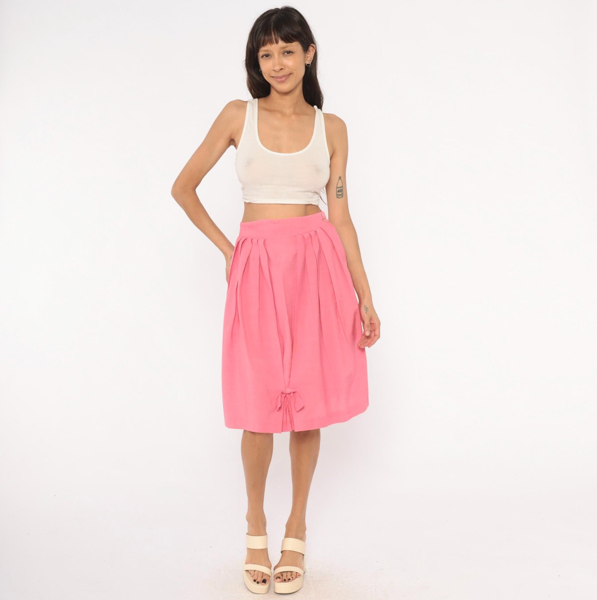 60s Pink Pleated Skirt High Waist Bubble Bow Tie Full Skirt Small