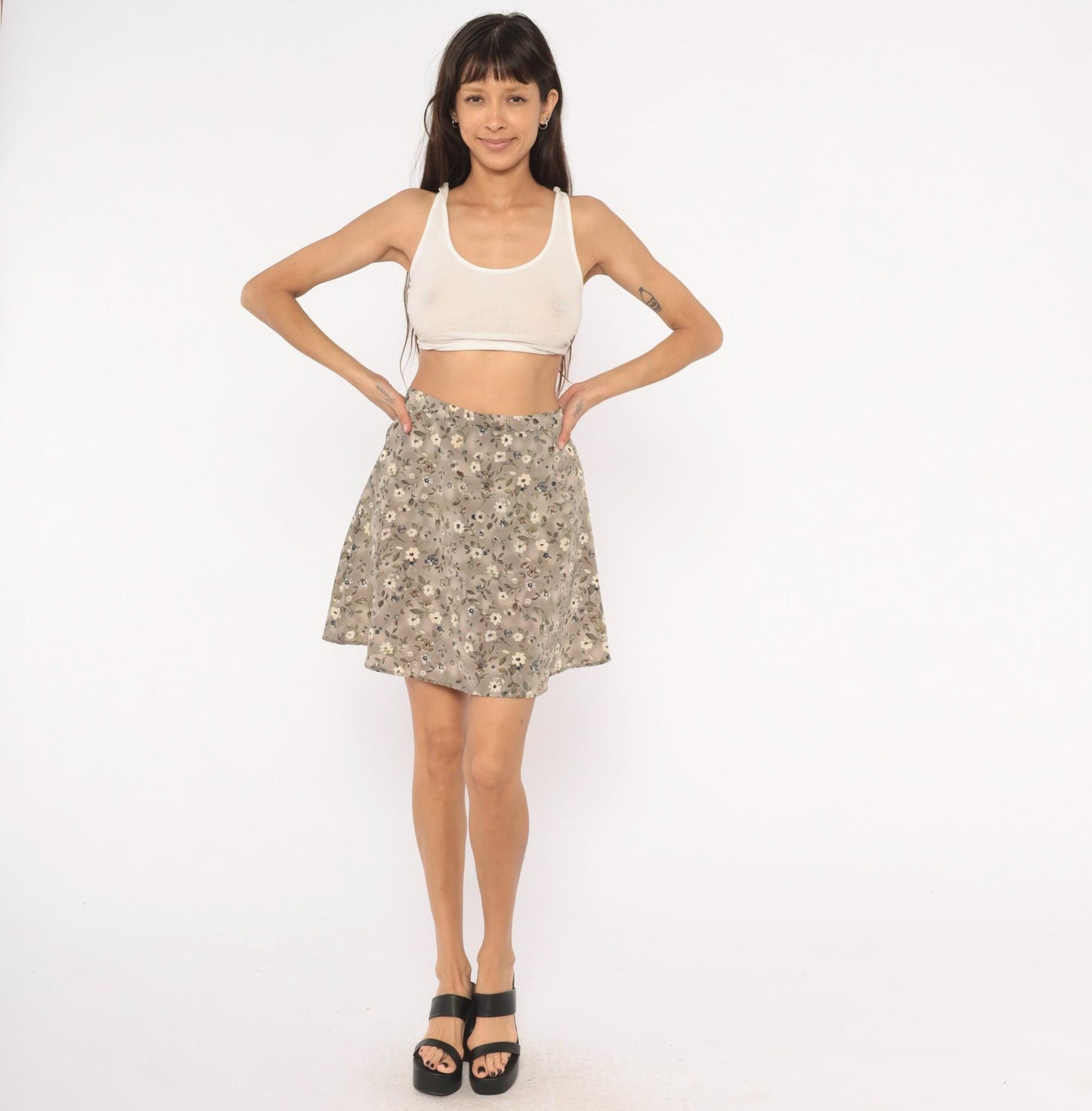 90s We Too Floral Mini Skirt Taupe Ditsy Print A-Line Small S